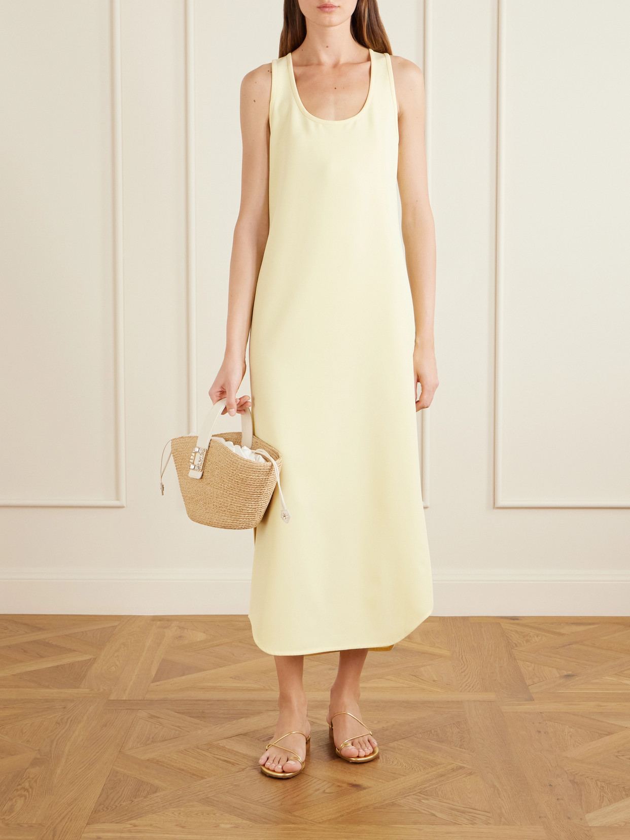 Leather-Trimmed Raffia-Effect Tote Bag