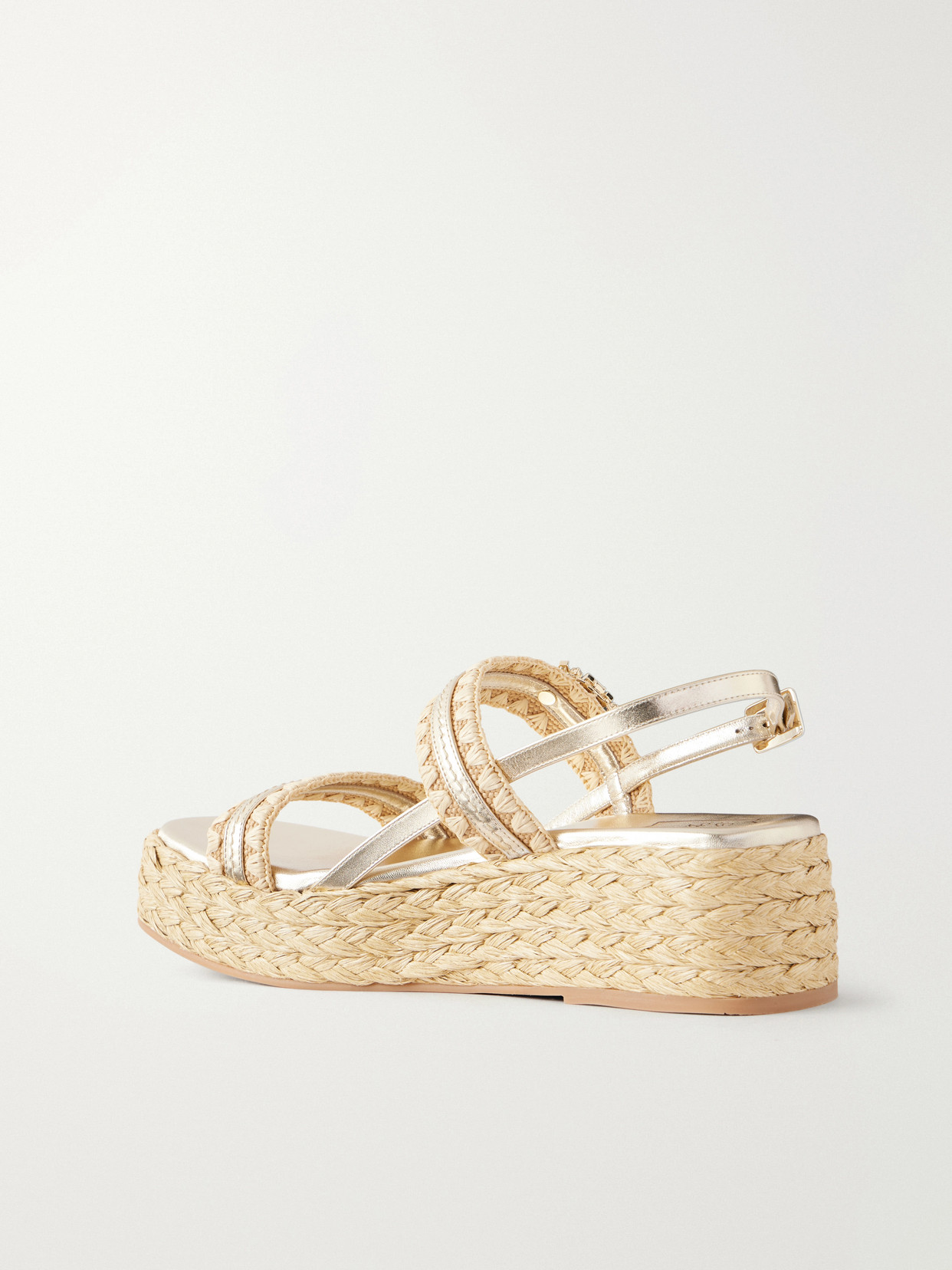 Summer Embellished Metallic Leather-Trimmed Woven Raffia Platform Sandals