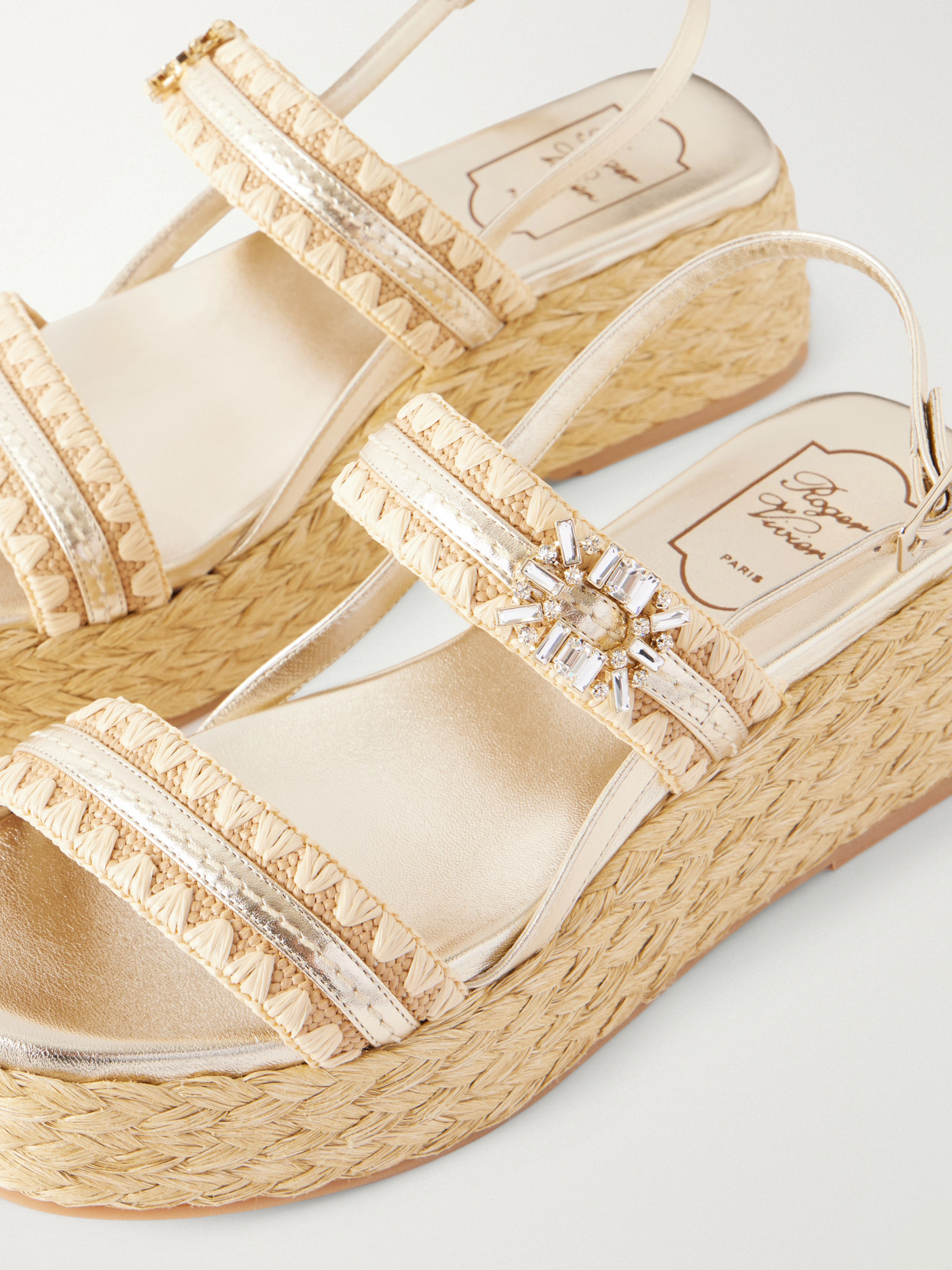 Summer Embellished Metallic Leather-Trimmed Woven Raffia Platform Sandals