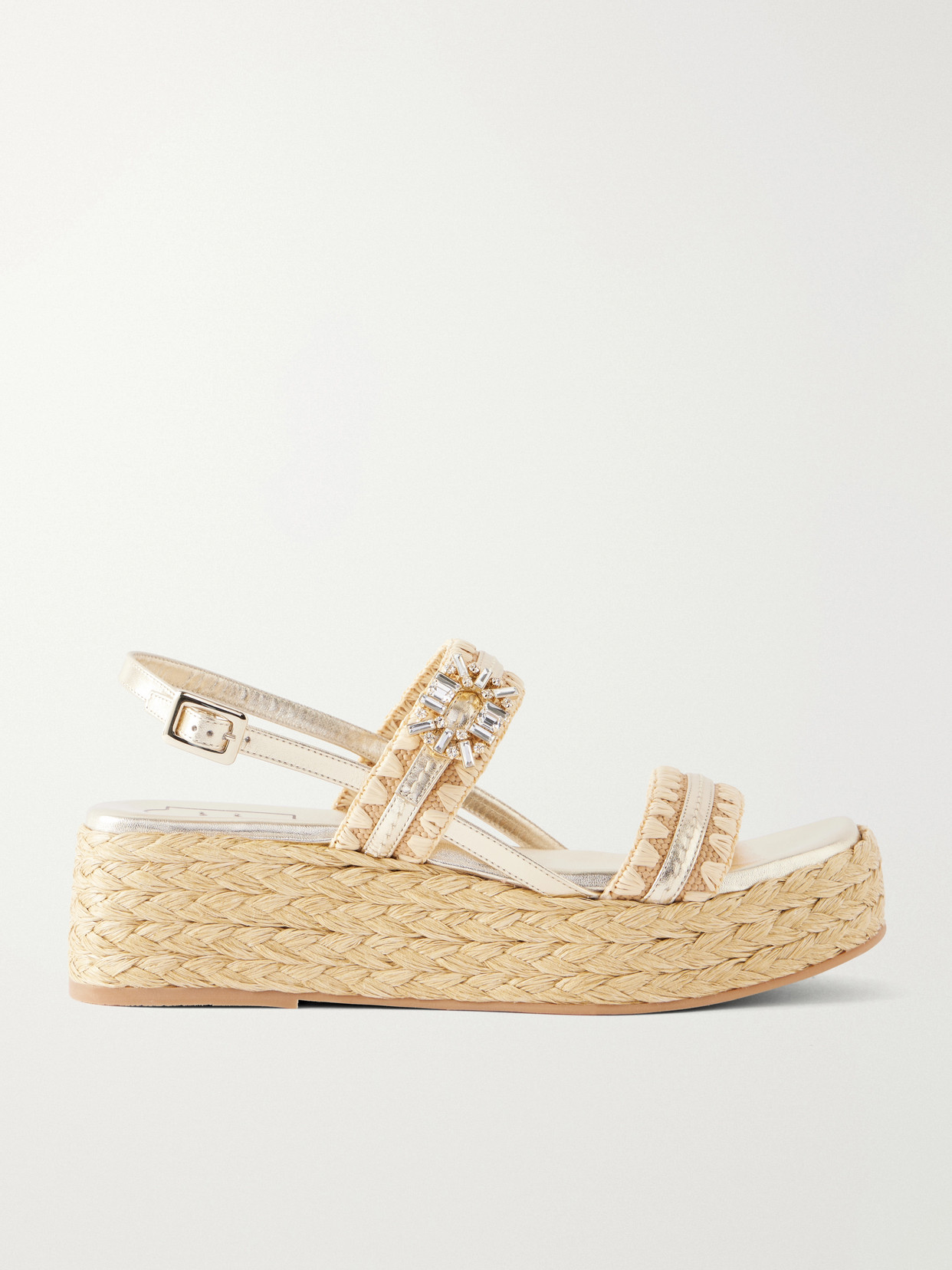Roger Vivier Summer Embellished Metallic Leather-trimmed Woven Raffia Platform Sandals In Gold