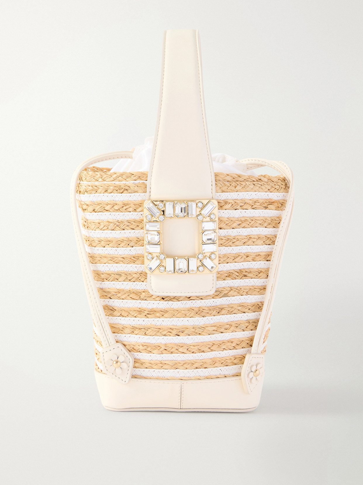 Roger Vivier Viv' Skate Embellished Leather-trimmed Striped Woven Raffia Clutch In Neutral