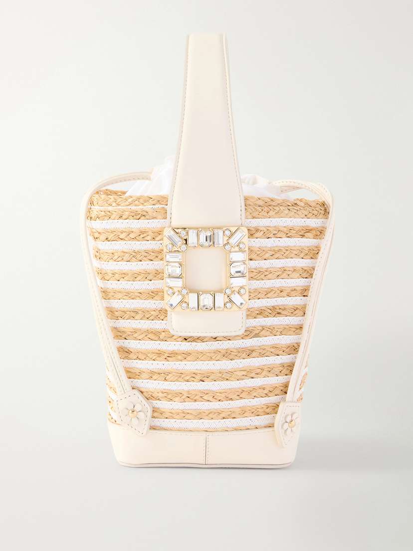 Roger Vivier Viv' Skate Embellished Leather-trimmed Striped Woven Raffia Clutch - Women's Bags