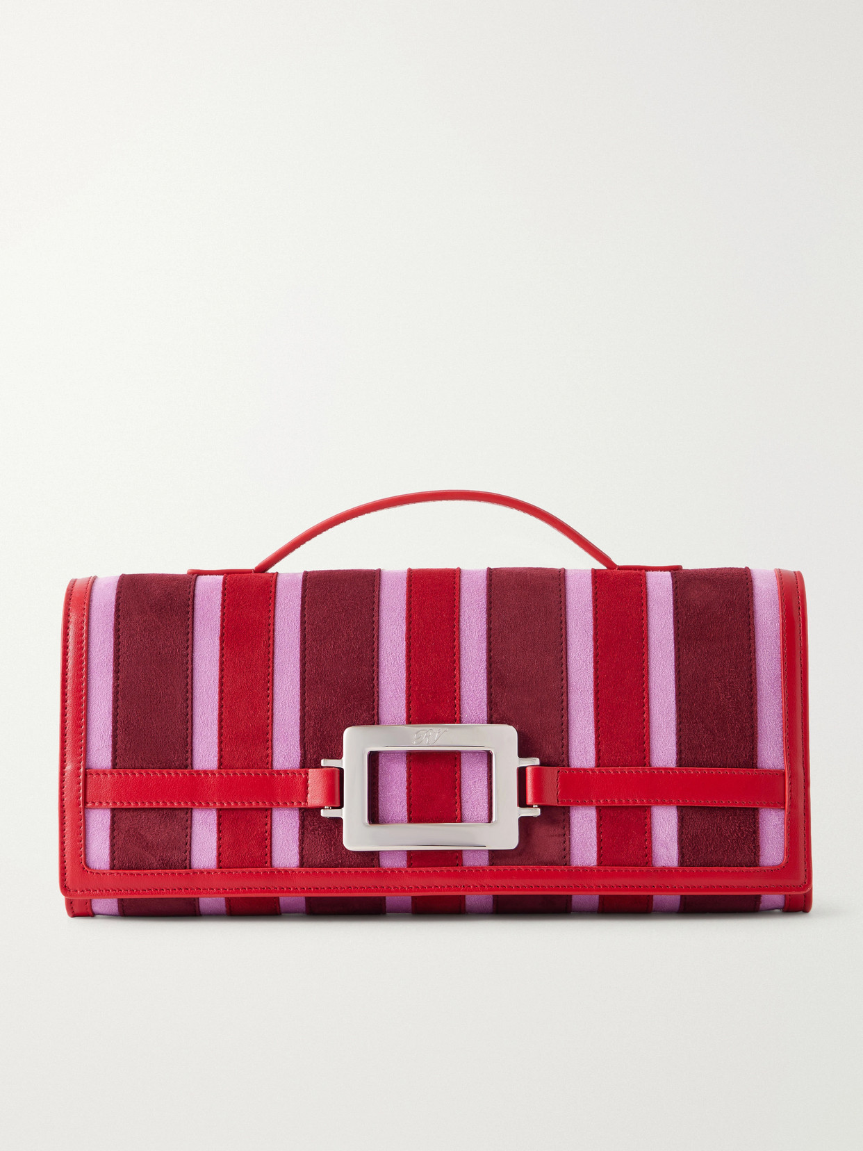 Roger Vivier Belle Vivier Buckled Leather-trimmed Striped Suede Clutch In Pink