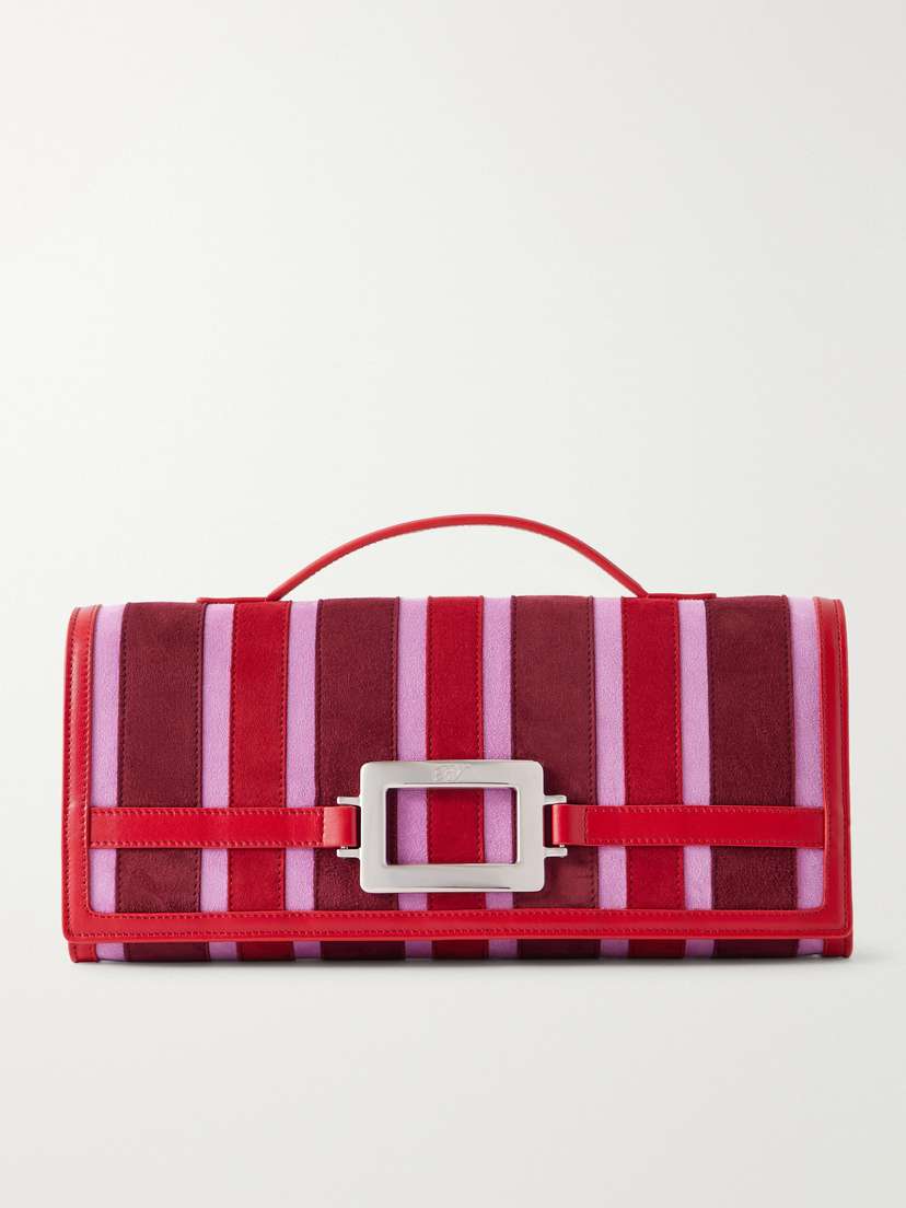 Roger Vivier Belle Vivier Buckled Leather-trimmed Striped Suede Clutch