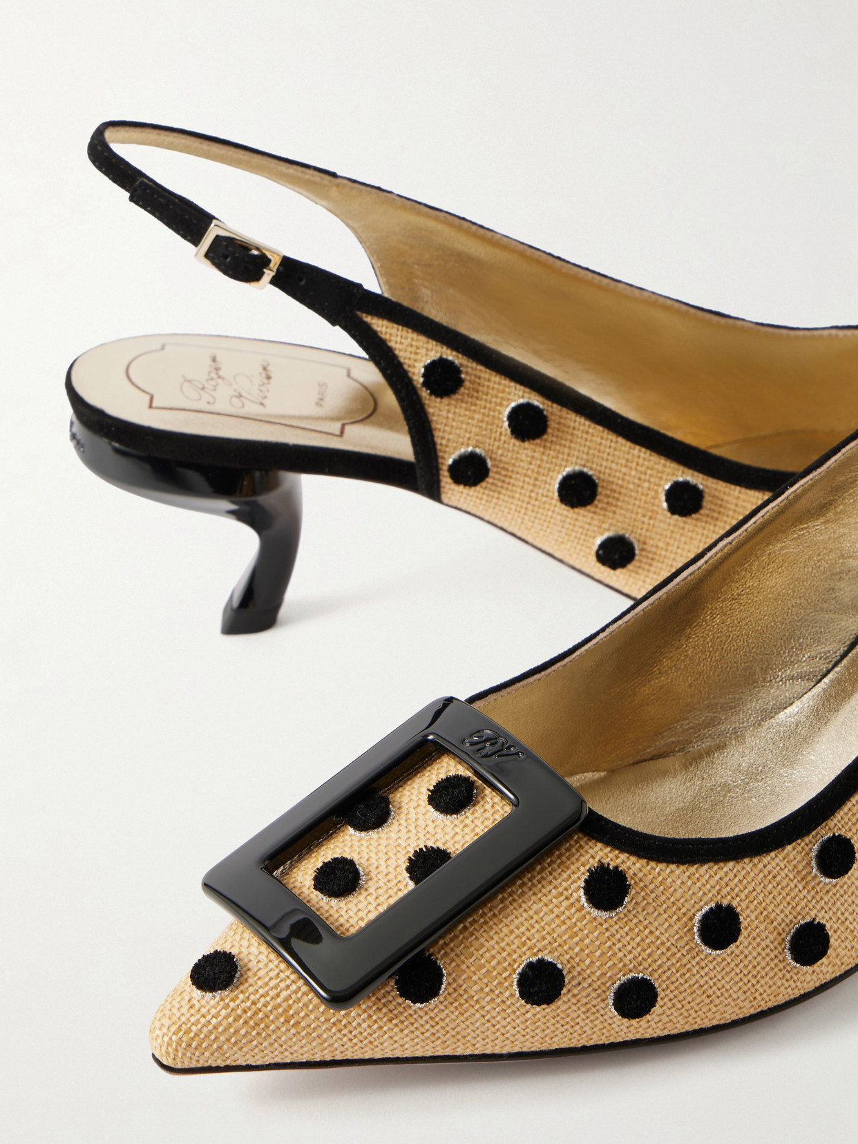Roger Vivier 55mm Virgule Embroidered Dots Raffia And Suede Slingback Pumps In Multi