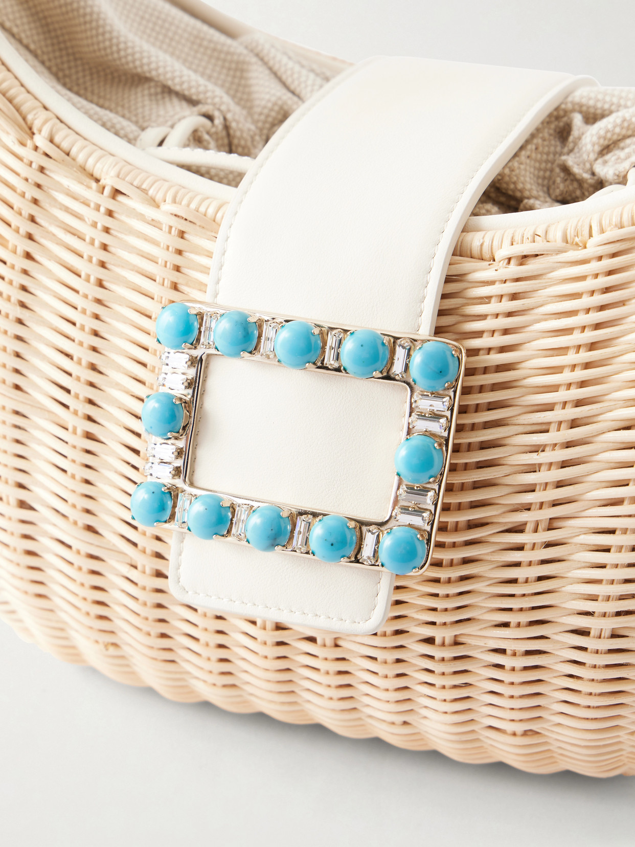 Leather-Trimmed Raffia Shoulder Bag