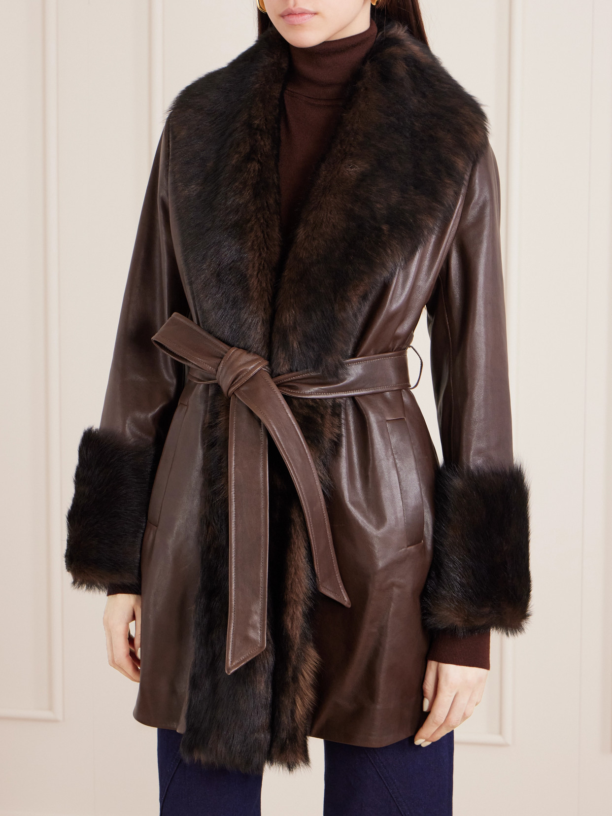 Nour Hammour Carmen Belted Shearling Jacket In Brown