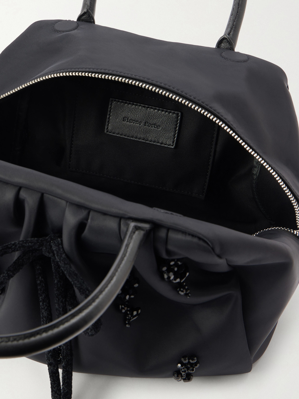 Leather-Trimmed Embellished Shell Tote