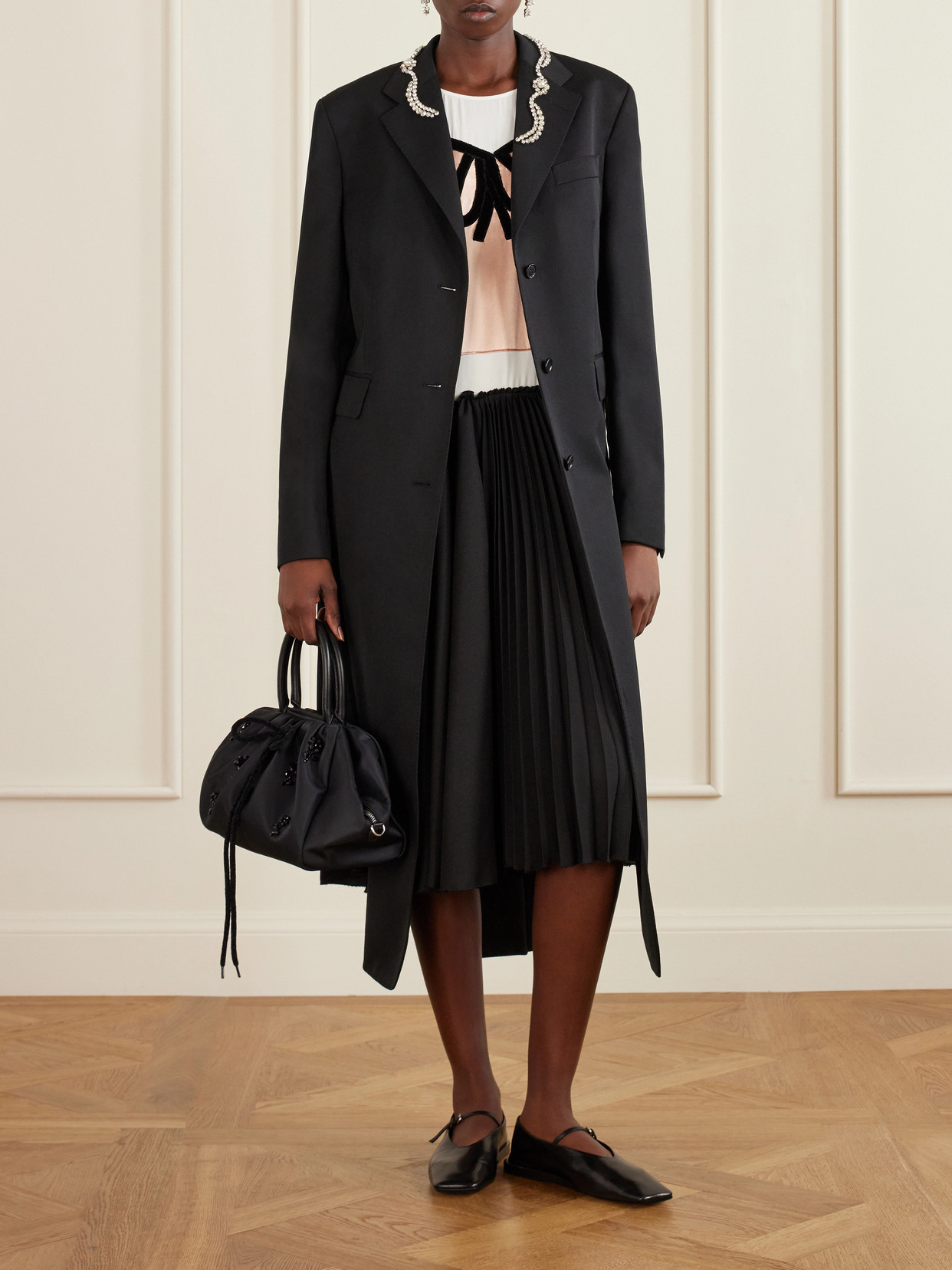 Leather-Trimmed Embellished Shell Tote