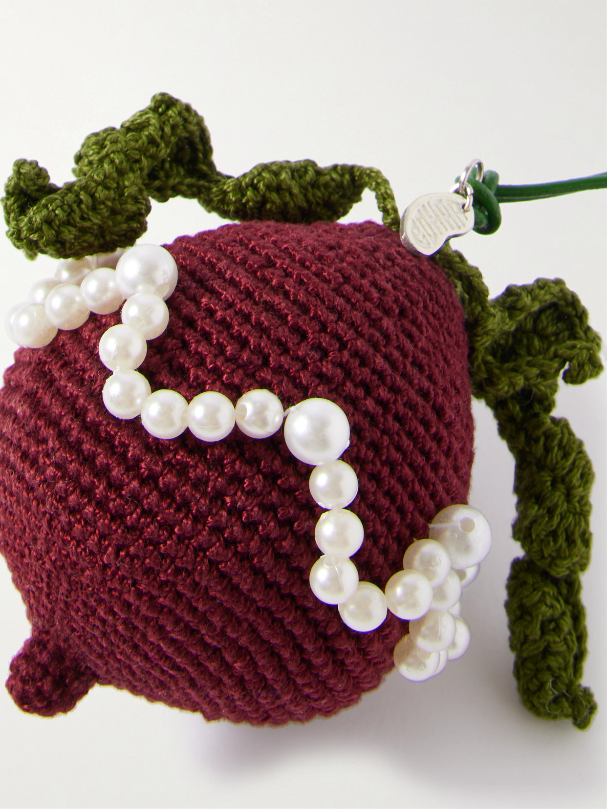 Gohar World Faux Pearl-embellished Crocheted Cotton Bag Charm In Burgundy