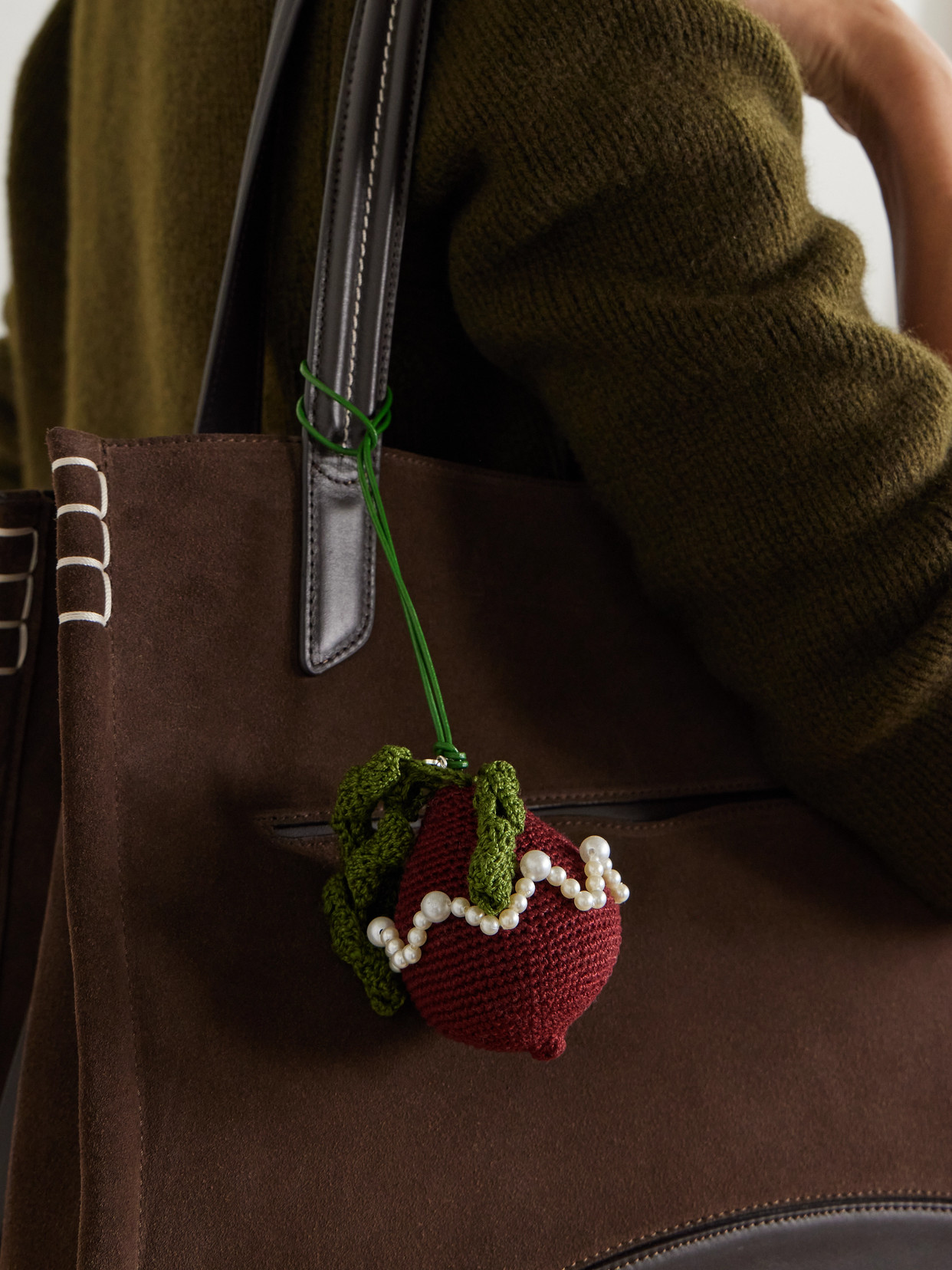 Gohar World Faux Pearl-embellished Crocheted Cotton Bag Charm In Burgundy