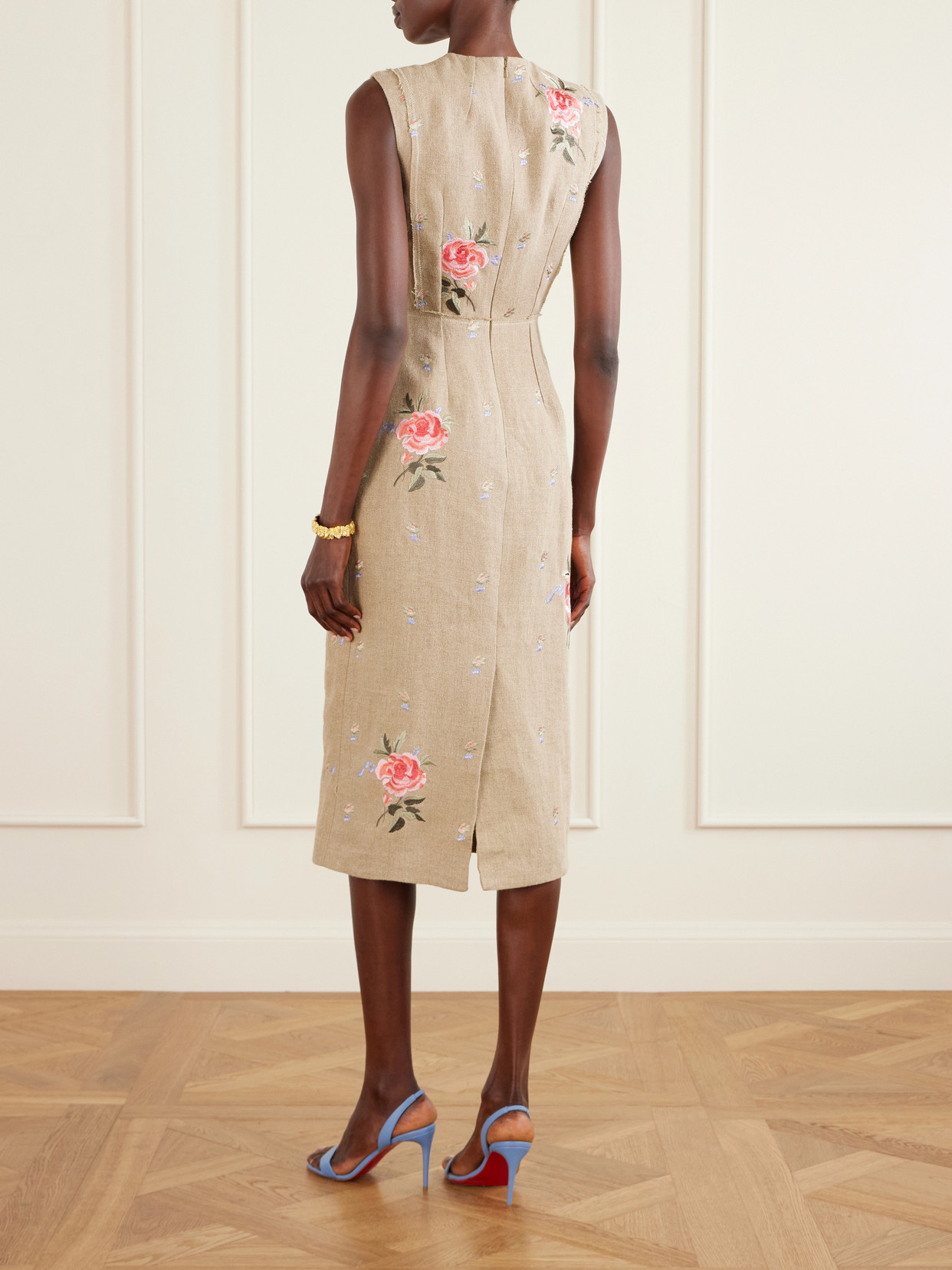 Erdem Embroidered Linen-canvas Midi Dress In Brown