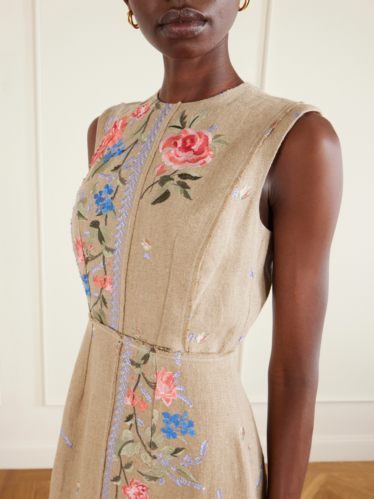 Erdem Embroidered Linen-canvas Midi Dress In Brown