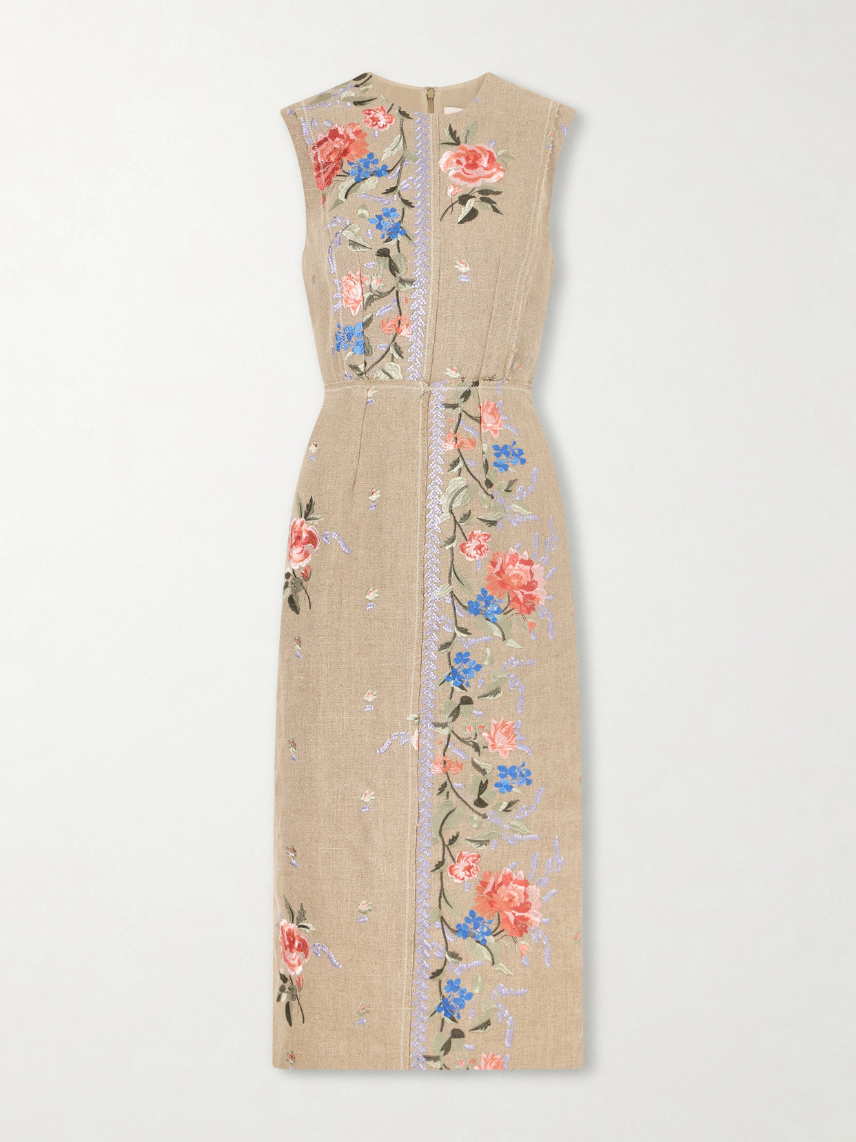Erdem Embroidered Linen-canvas Midi Dress In Brown