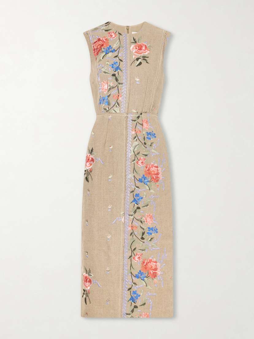 Embroidered Linen-canvas Midi Dress
