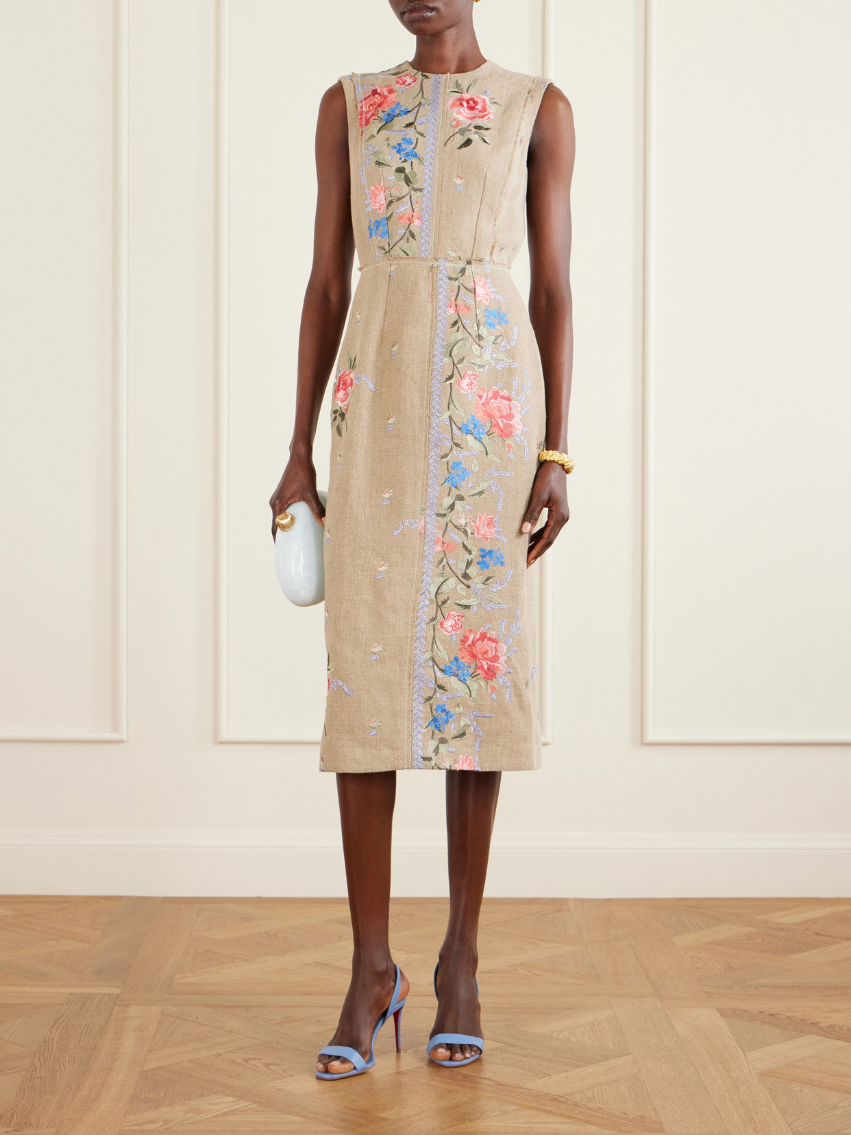 Erdem Embroidered Linen-canvas Midi Dress In Brown