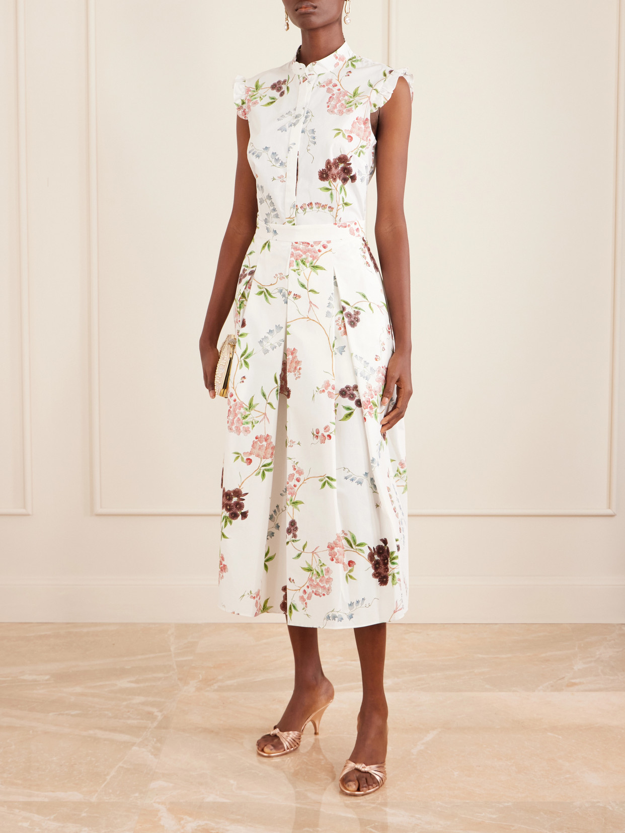 Erdem Chintz Floral Pleated Organic Cotton Poplin A-line Midi Skirt In Burgundy