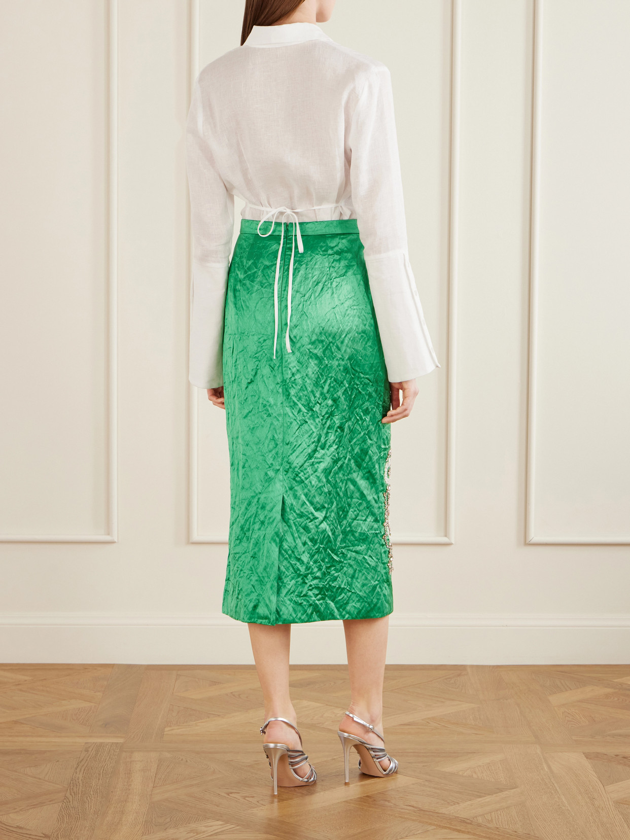 Erdem Womens Sea Green Embellished Textured Satin Pencil Midi Skirt