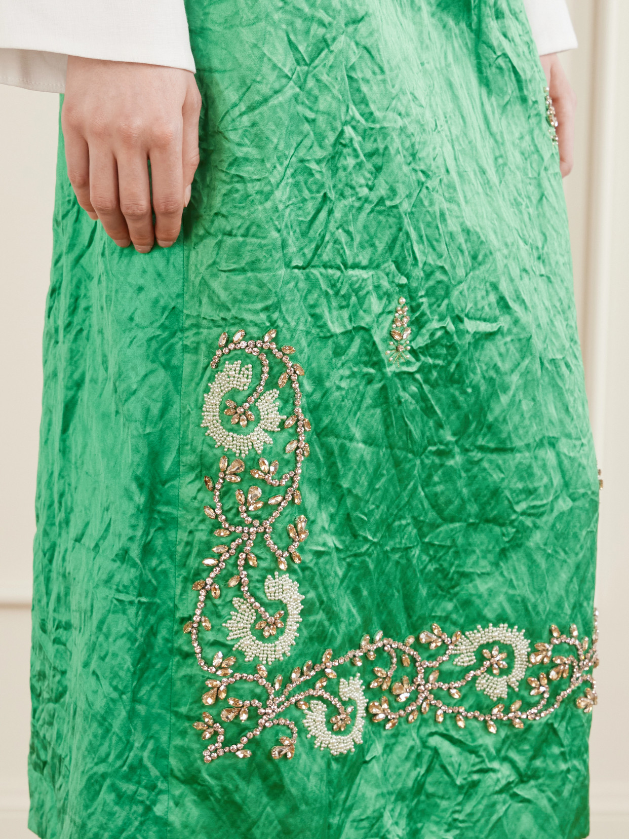 Erdem Womens Sea Green Embellished Textured Satin Pencil Midi Skirt