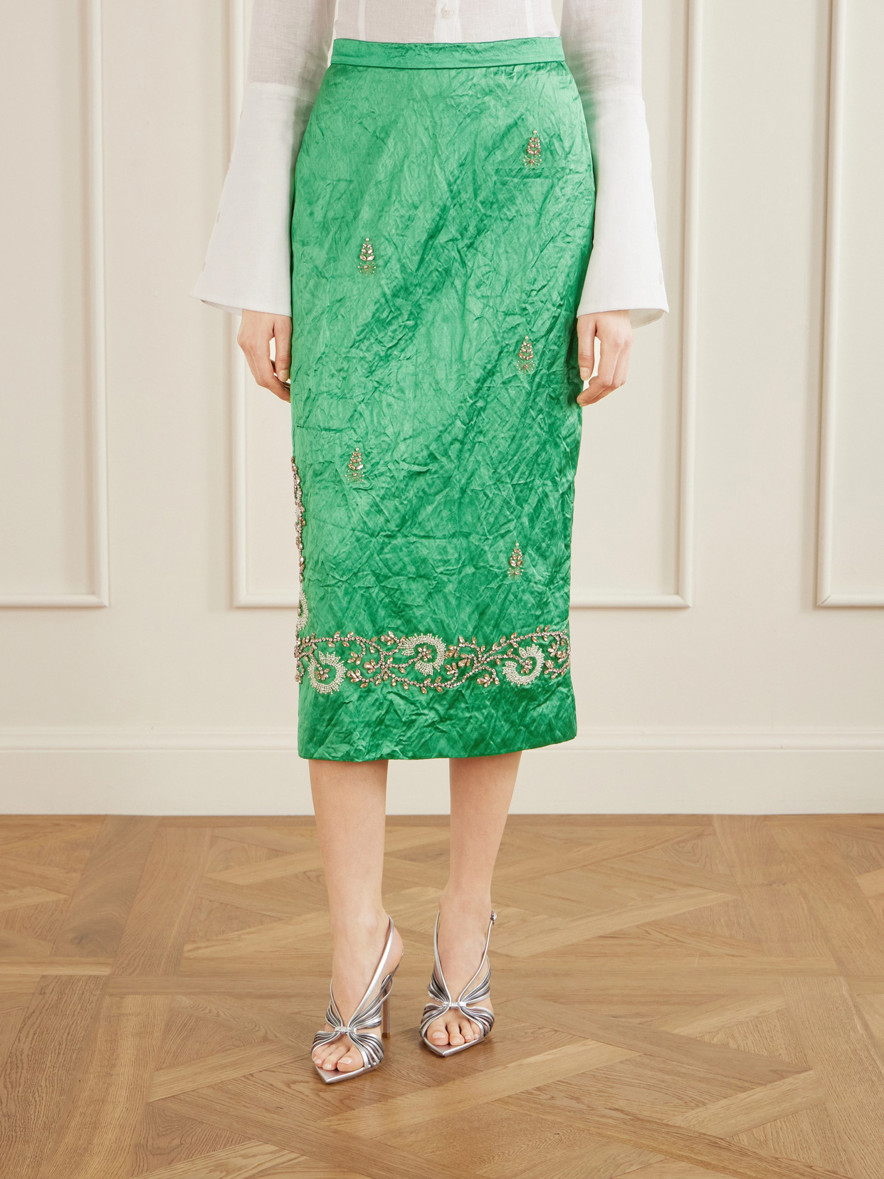 Erdem Womens Sea Green Embellished Textured Satin Pencil Midi Skirt
