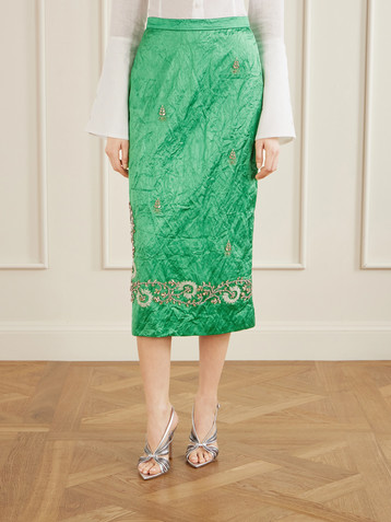Erdem Embellished crinkled-satin midi skirt