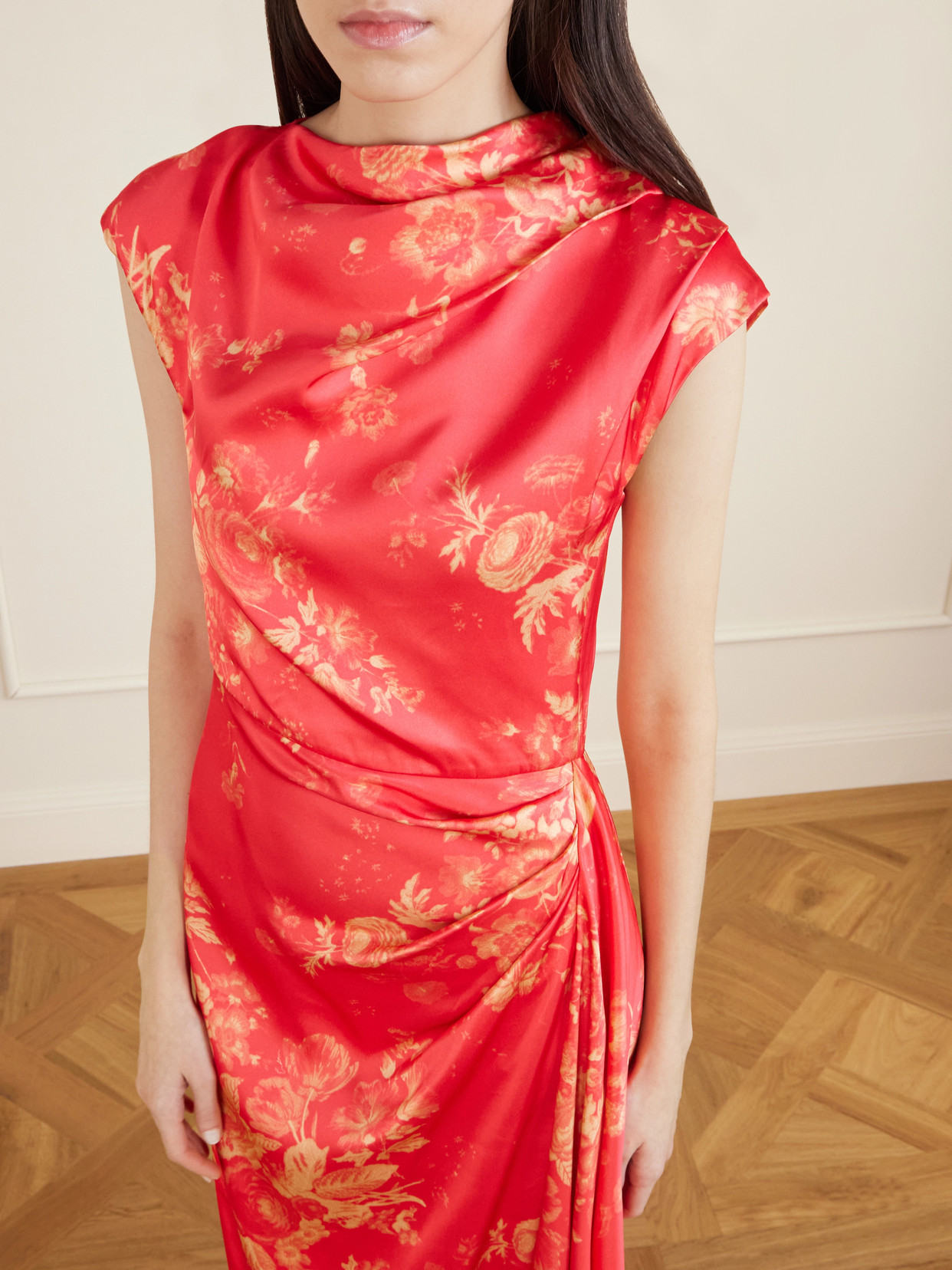 Erdem Floral Print Duchess Draped Gown In Red