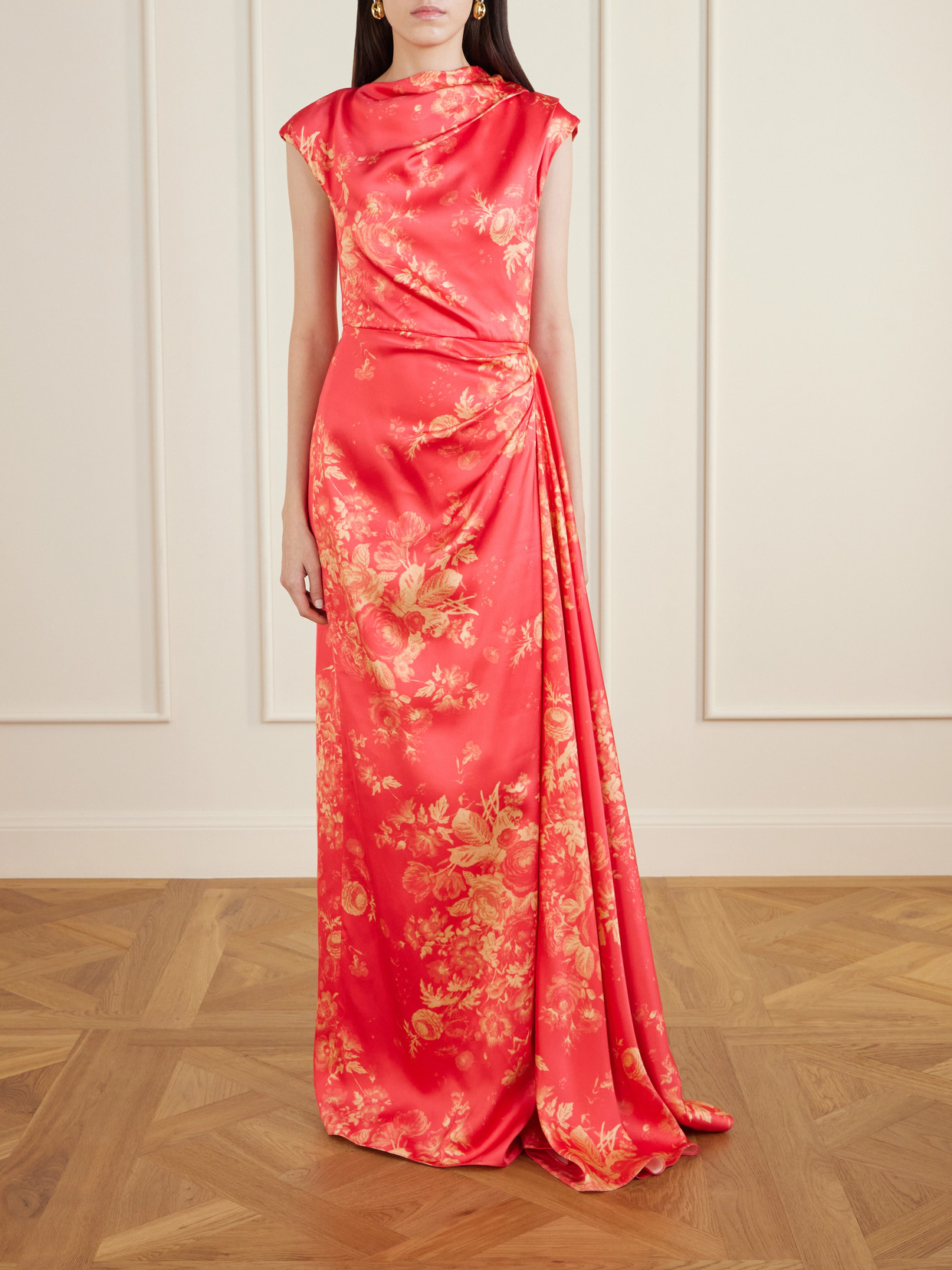 Erdem Floral Print Duchess Draped Gown In Red