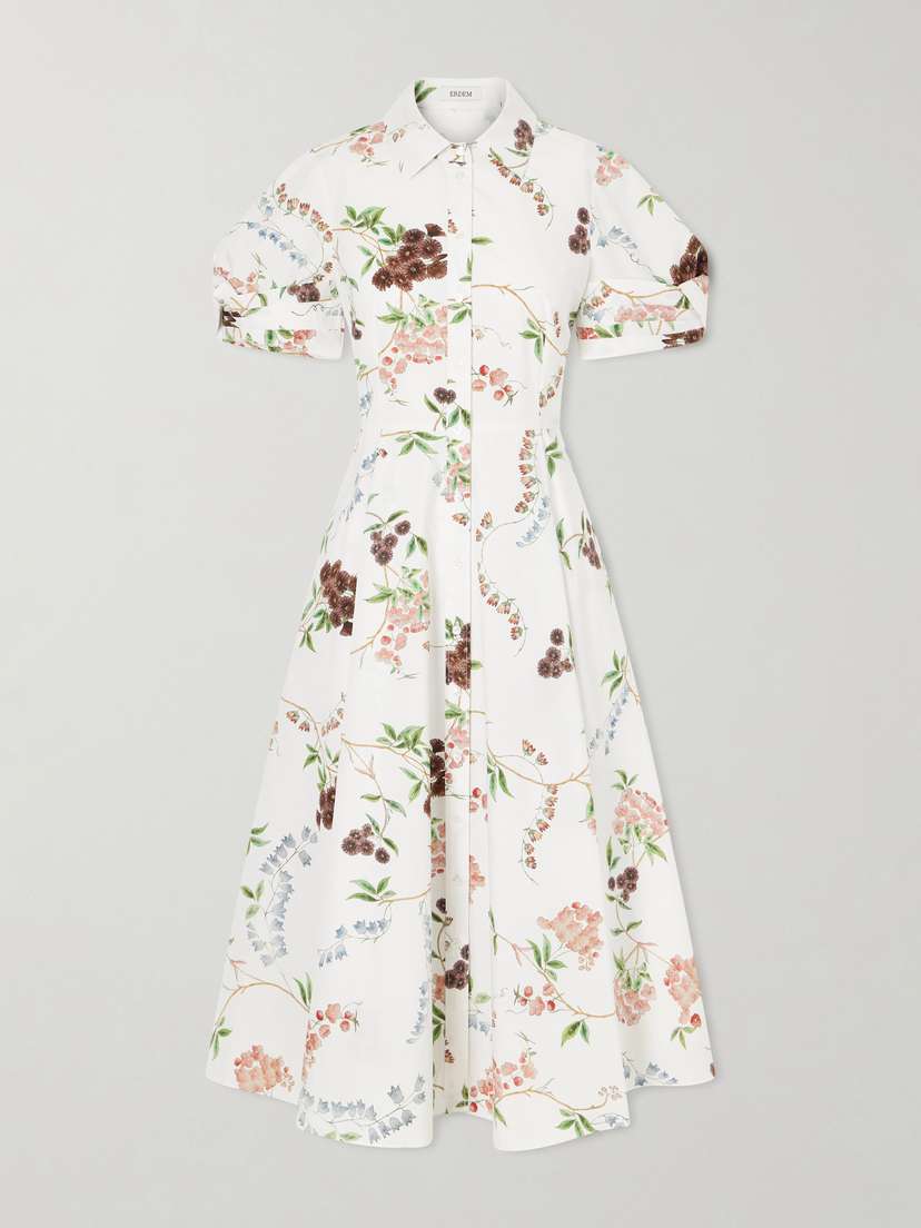 Erdem Pleated Floral-print Cotton-poplin Midi Shirt Dress