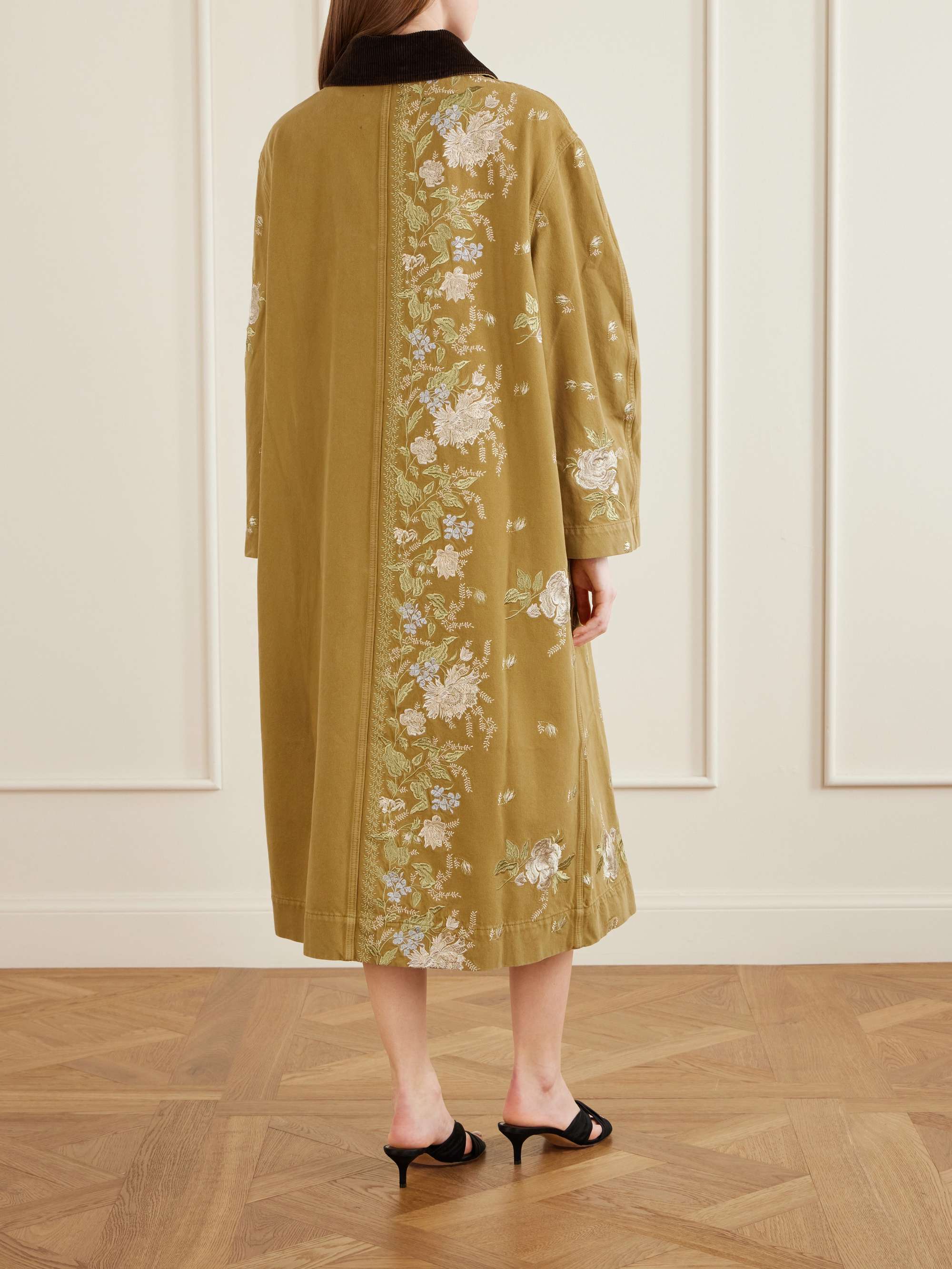 ERDEM Embellished corduroy-trimmed embroidered denim coat | NET-A