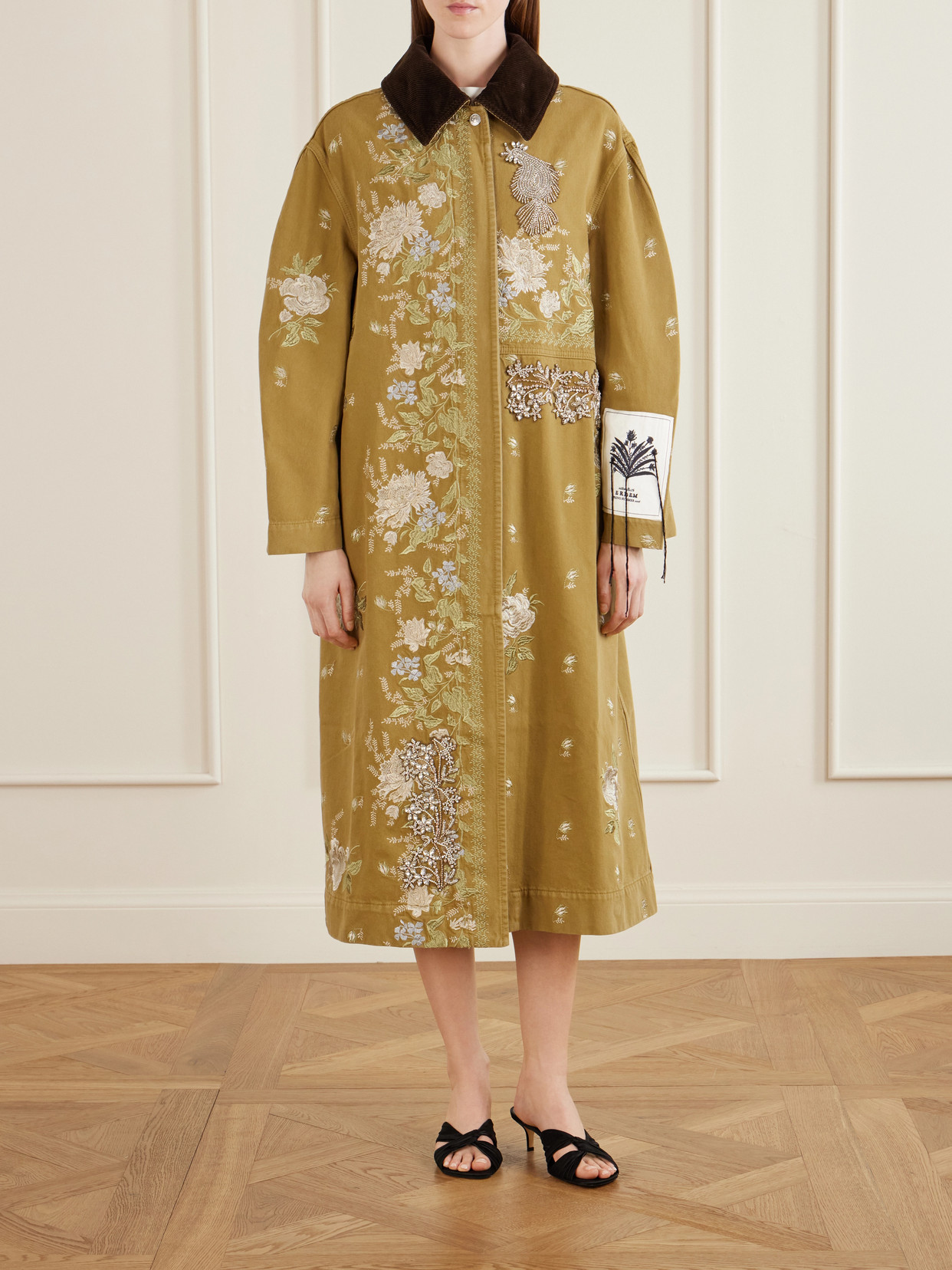 Erdem Embellished Corduroy-trimmed Embroidered Denim Coat In Brown