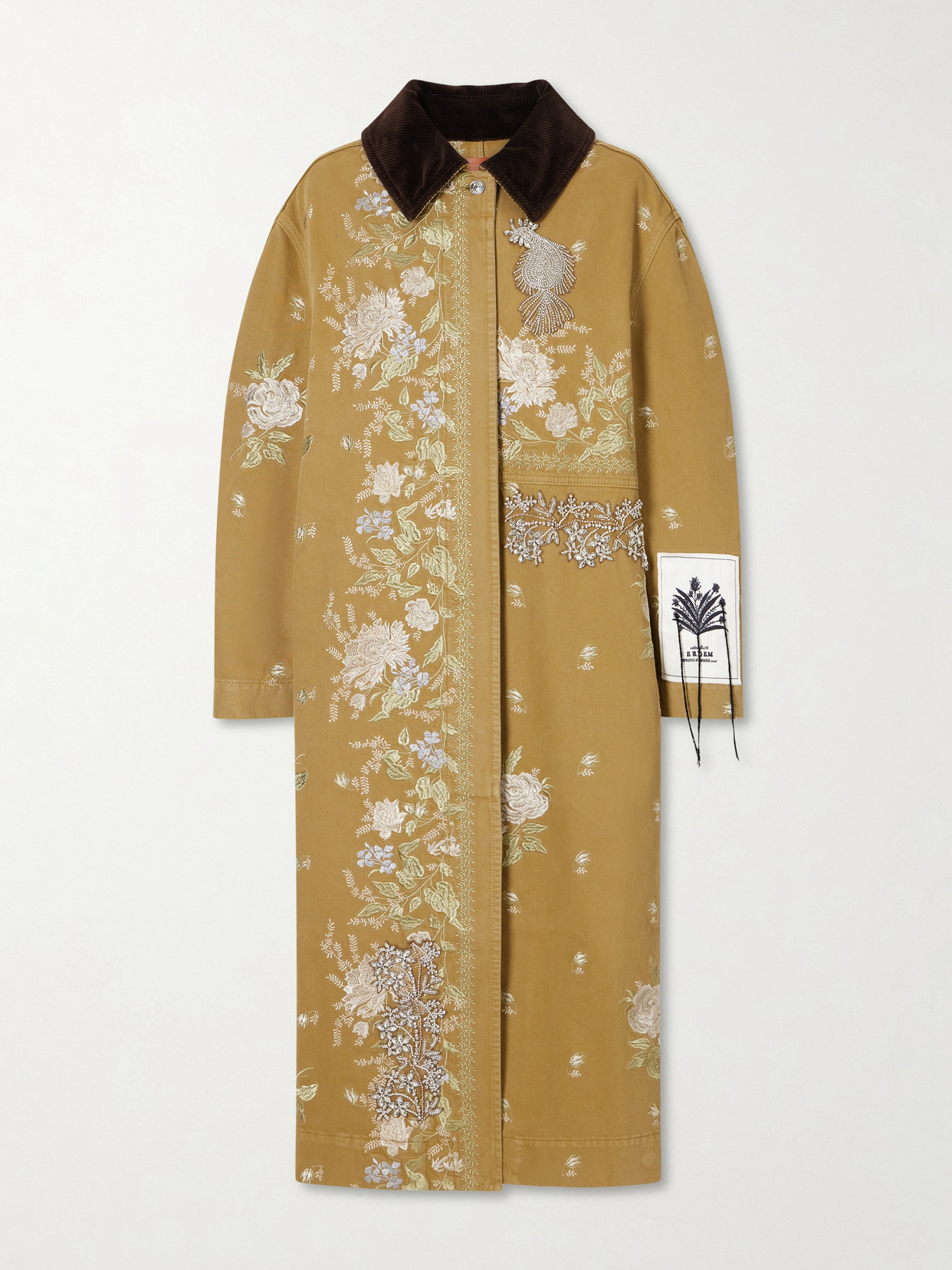 Erdem Embellished Corduroy-trimmed Embroidered Denim Coat In Brown