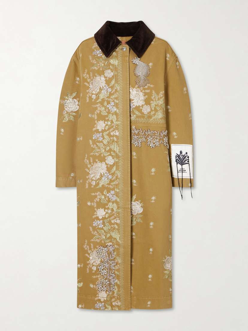 Erdem Embellished Corduroy-trimmed Embroidered Denim Coat