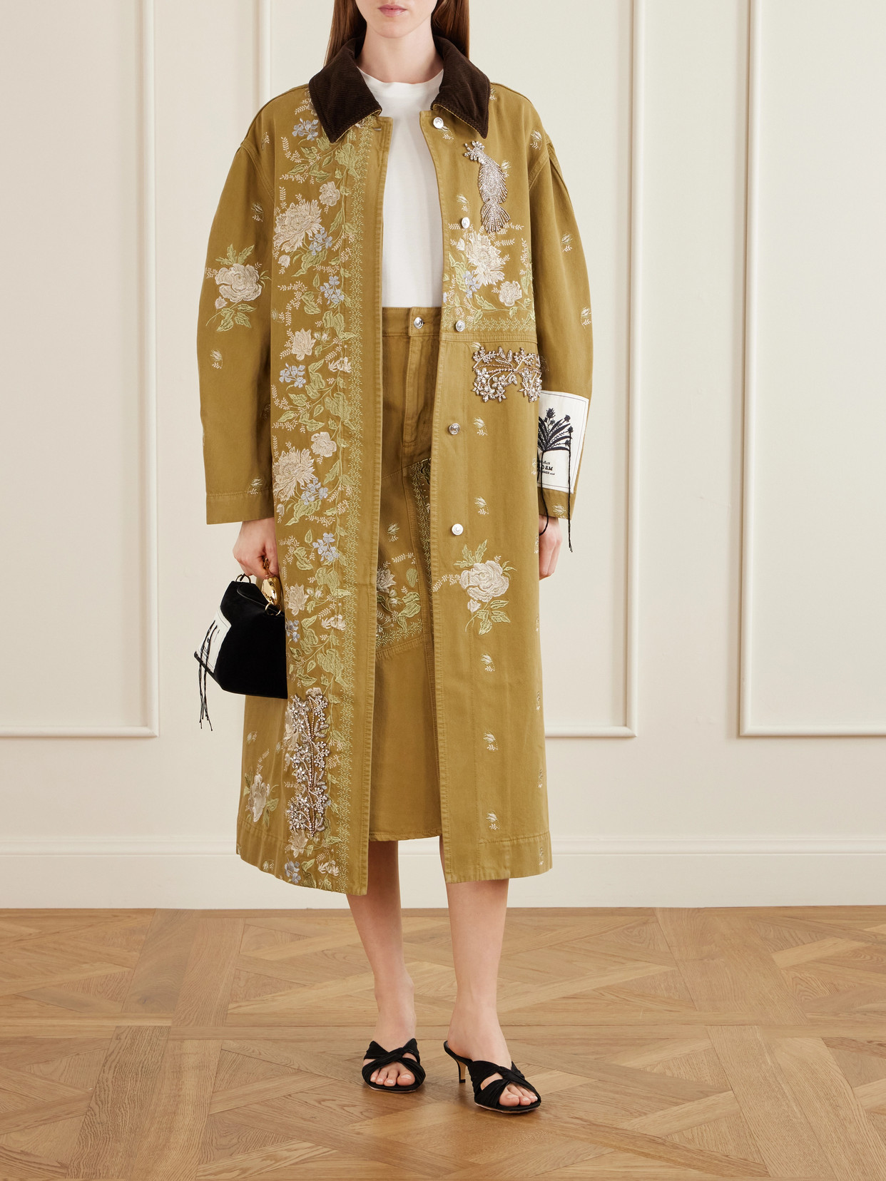 Erdem Embellished Corduroy-trimmed Embroidered Denim Coat In Brown