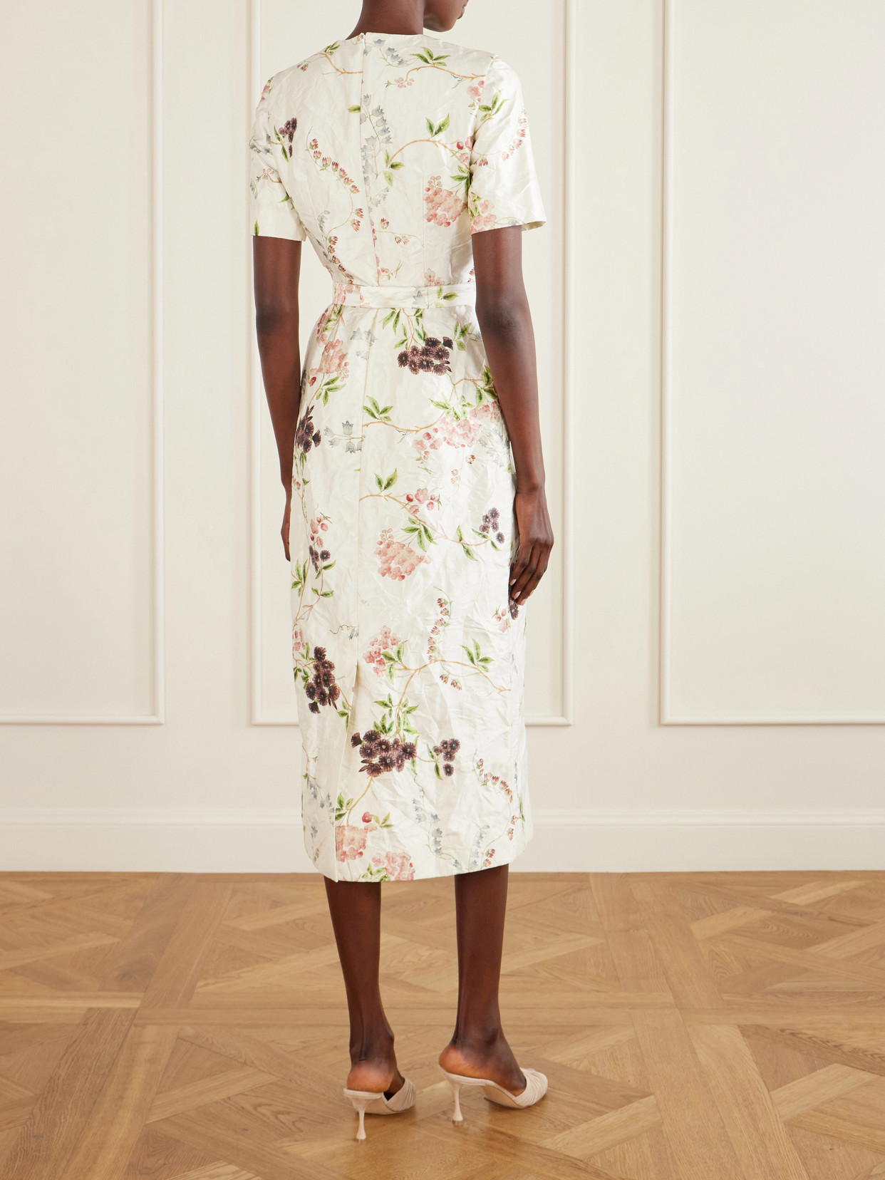 Erdem Floral Print Textured Satin Midi Pencil Dress In Neutral