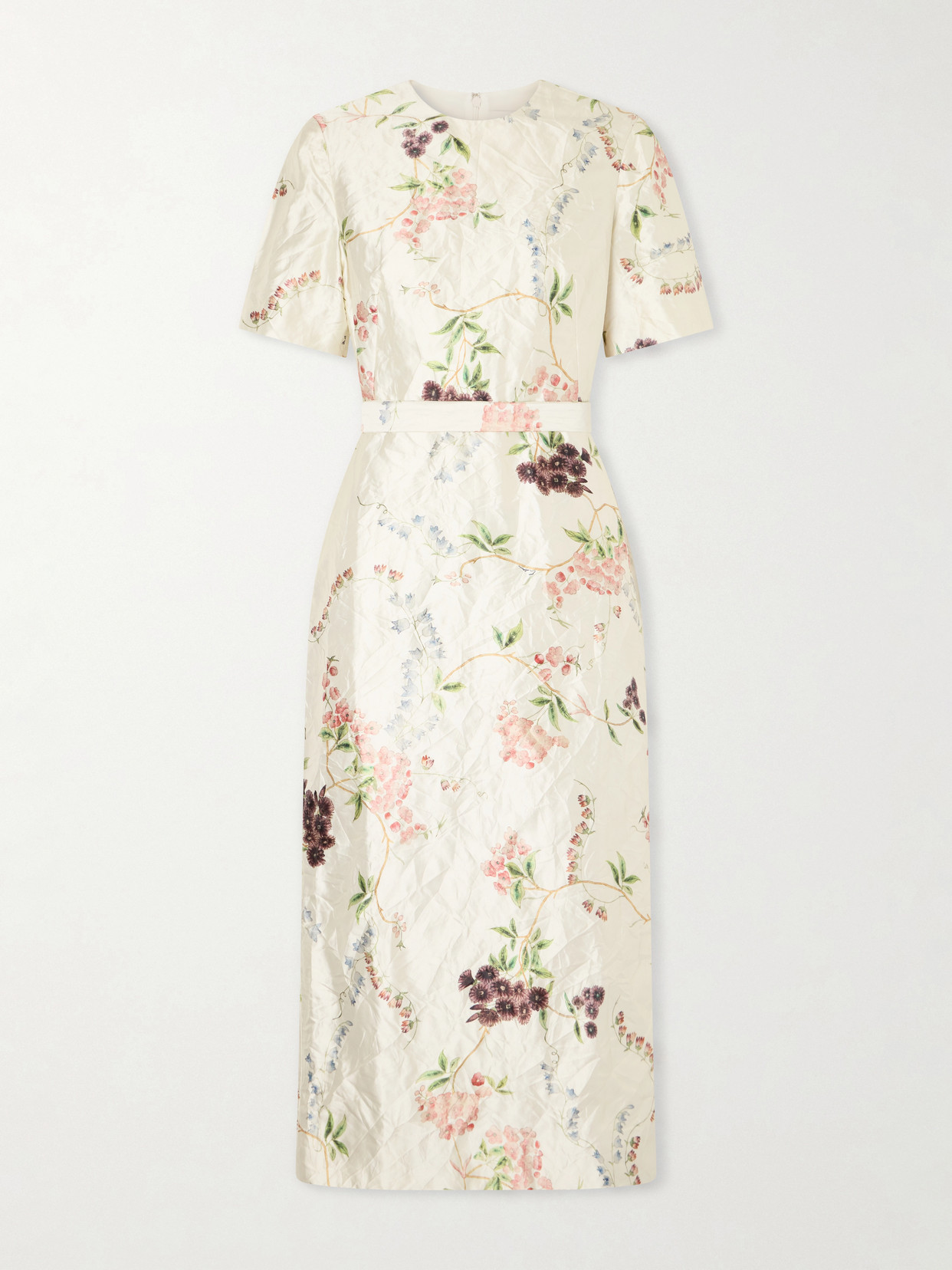 Erdem Belted Floral-print Crinkled Satin Midi Dress In Gray