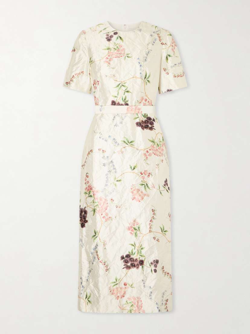 Erdem Belted Floral-print Crinkled Satin Midi Dress