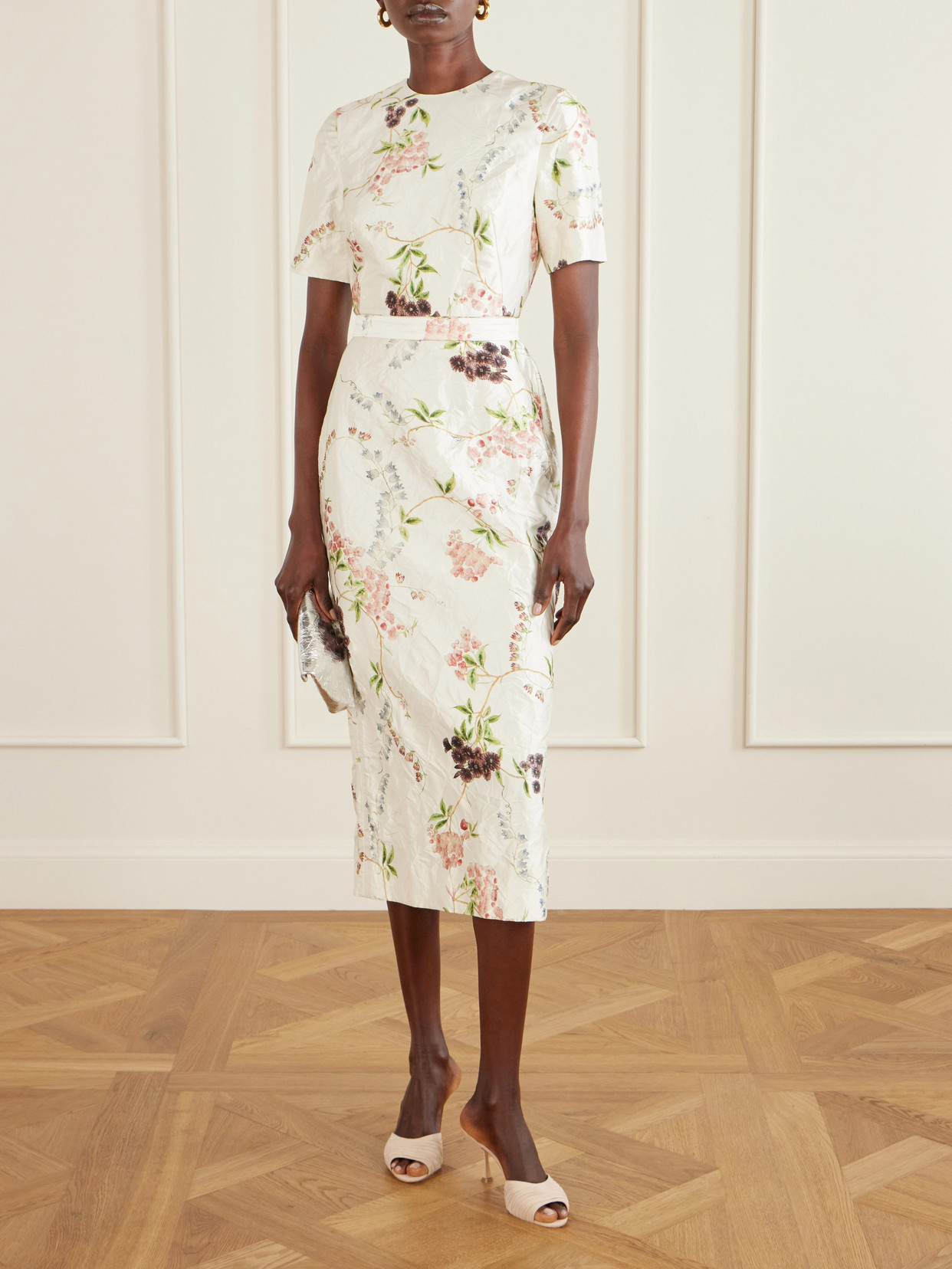Erdem Floral Print Textured Satin Midi Pencil Dress In Neutral
