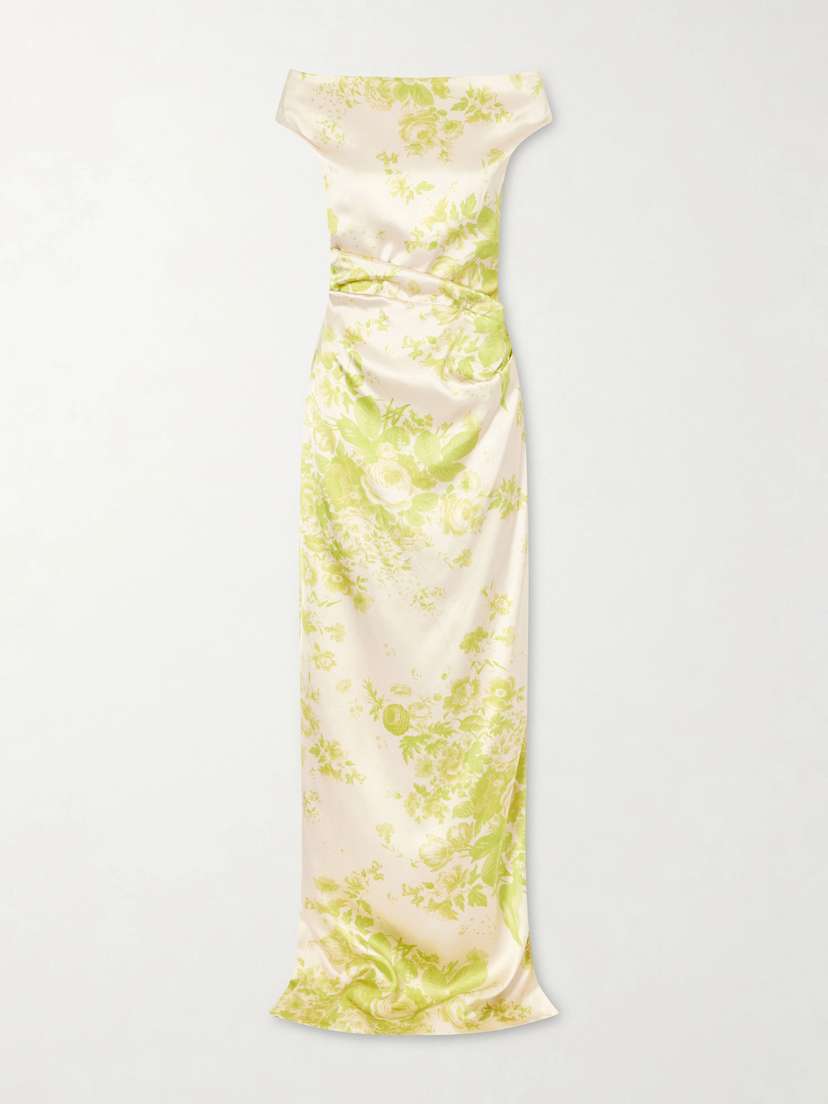 Erdem Off-the-shoulder Pleated Floral-print Duchesse-satin Gown
