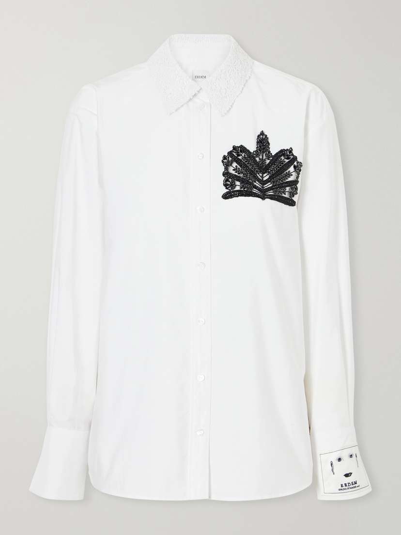 Erdem Embellished Lace-trimmed Organic Cotton-poplin Shirt
