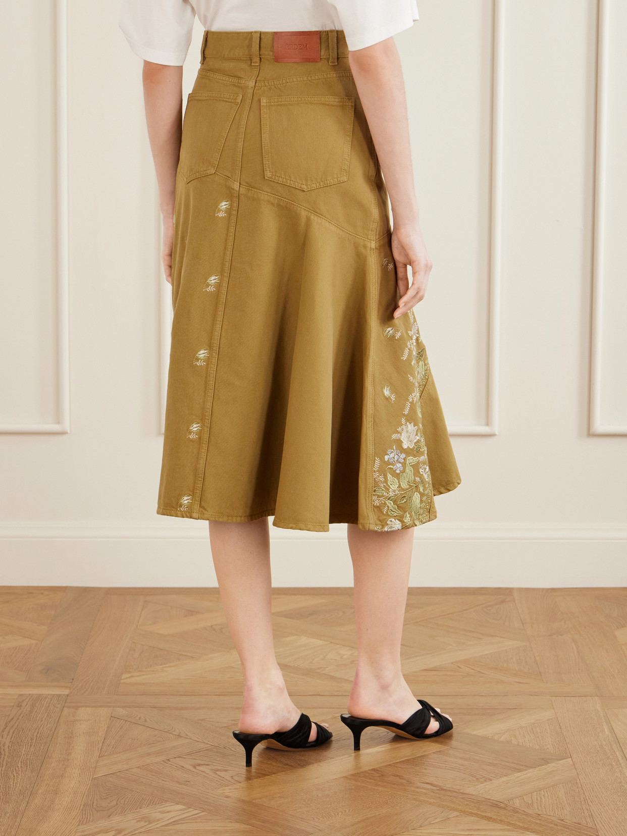 Erdem Embellished Embroidered Denim Midi Skirt In Brown