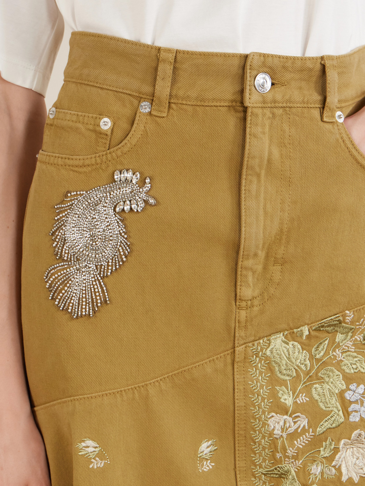 Erdem Embellished Embroidered Denim Midi Skirt In Brown