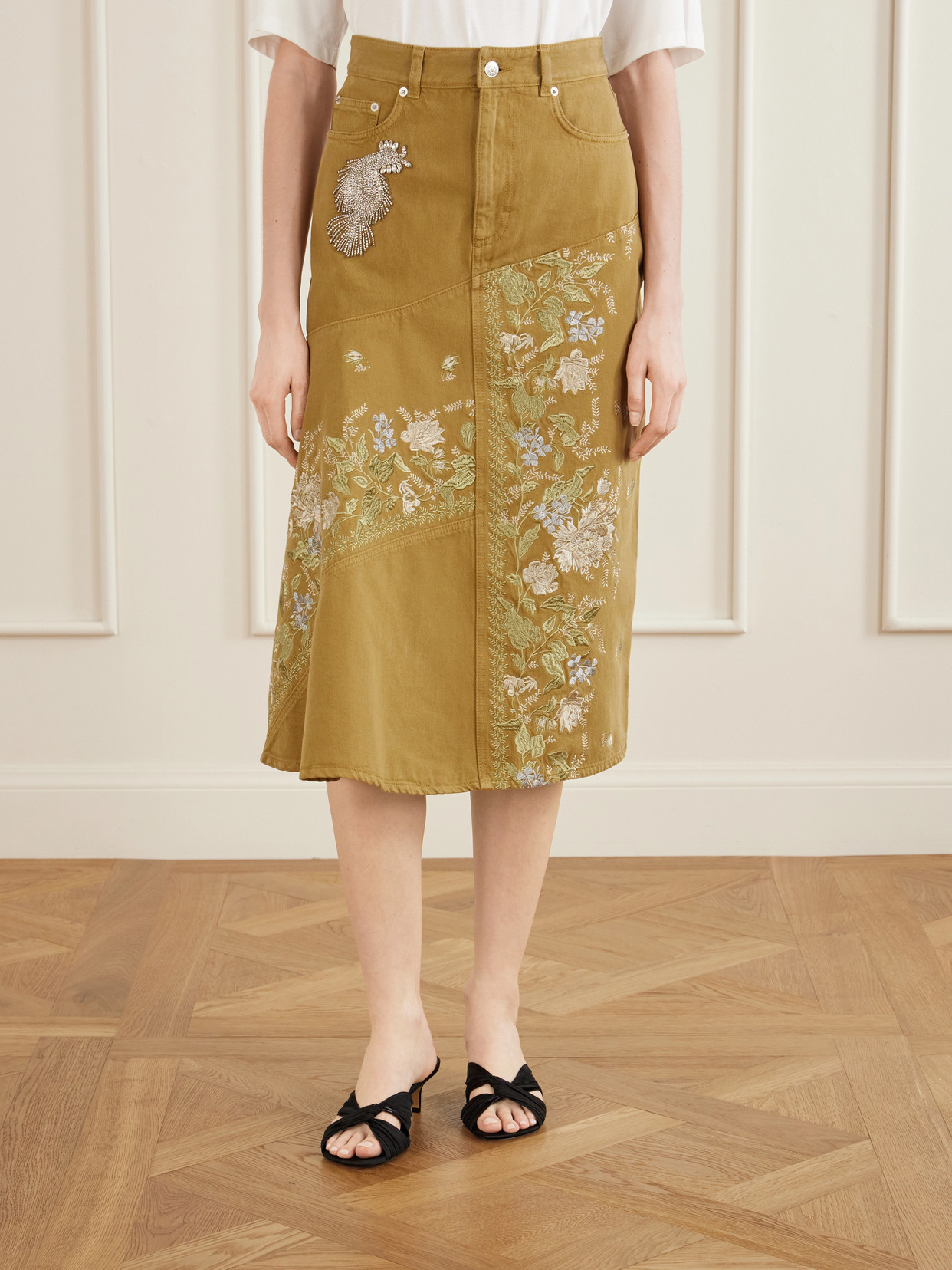 Erdem Embellished Embroidered Denim Midi Skirt In Brown