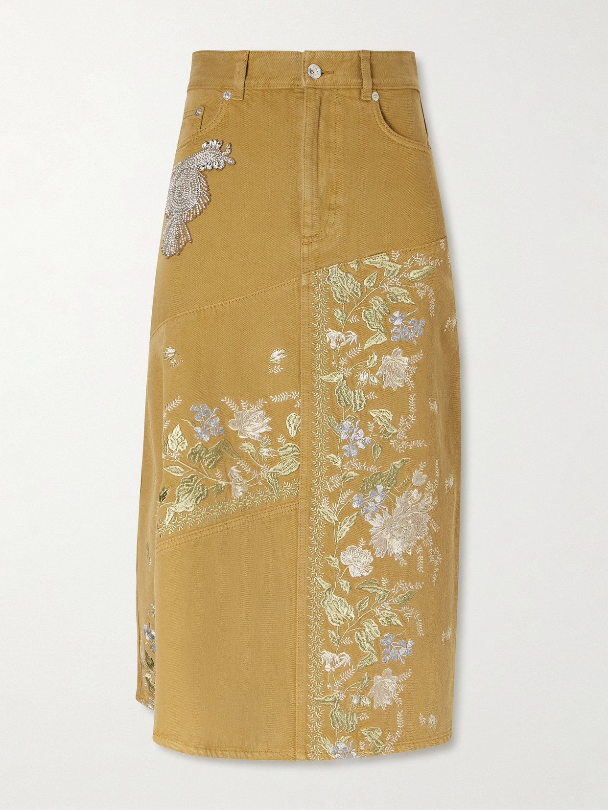Erdem Embellished Embroidered Denim Midi Skirt In Brown