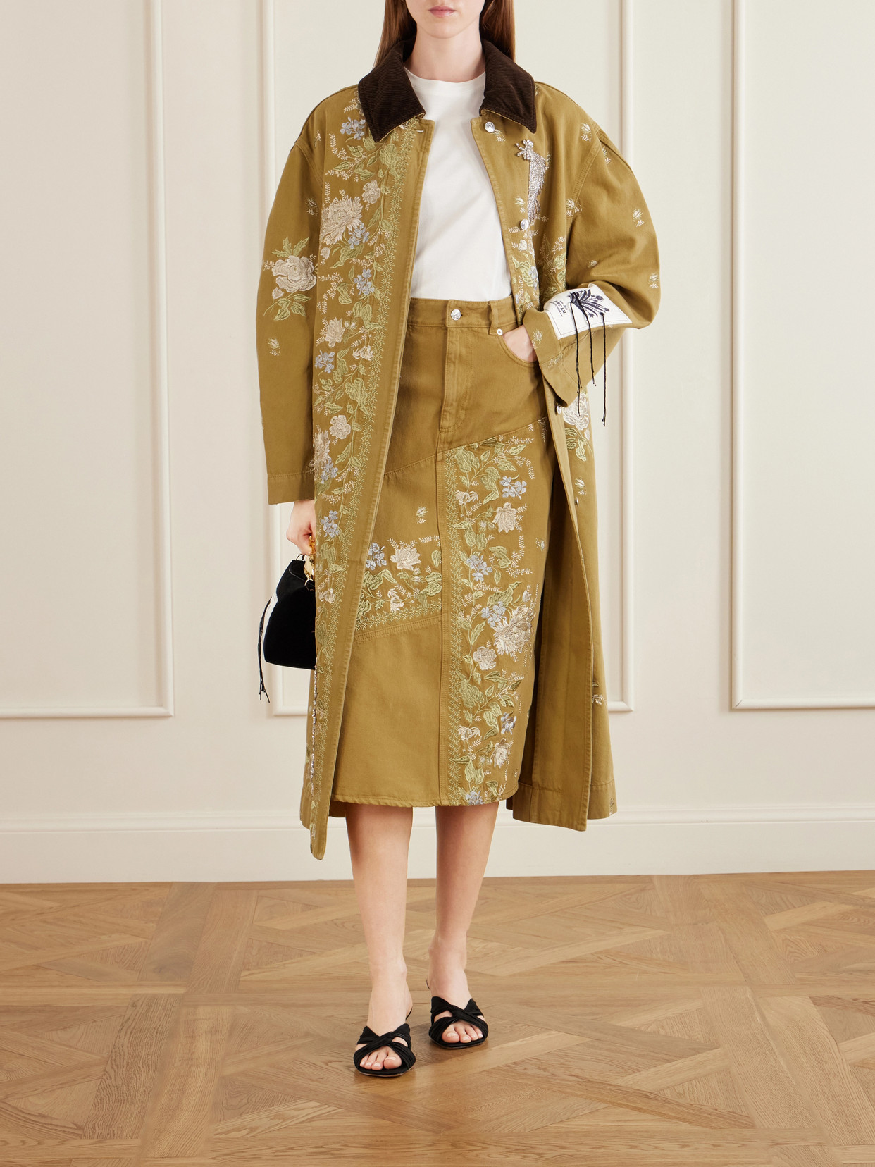 Erdem Embellished Embroidered Denim Midi Skirt In Brown