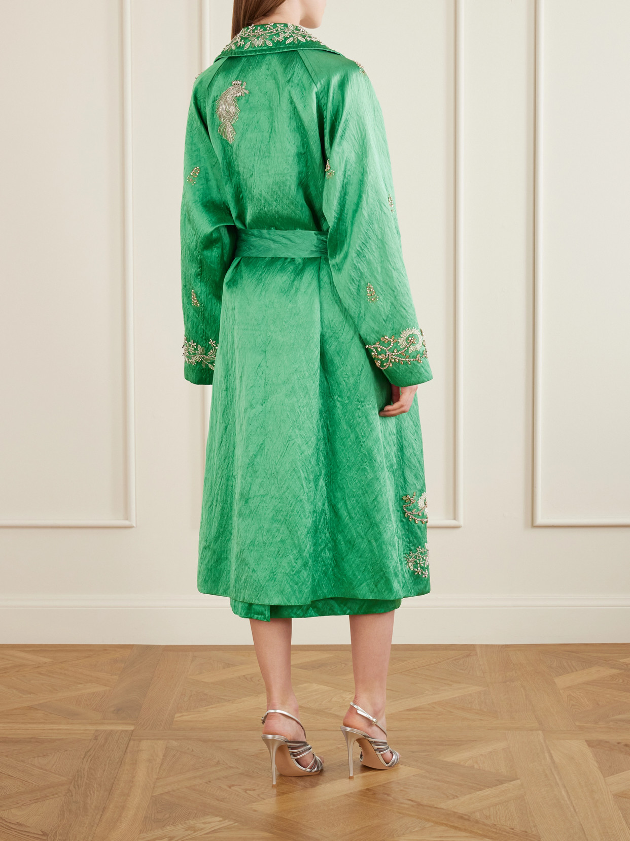Crystal-Embellished Textured-Satin Coat
