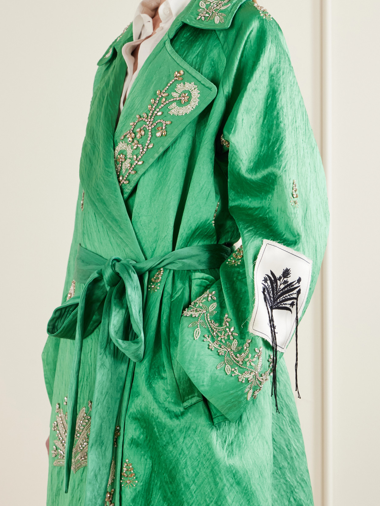 Crystal-Embellished Textured-Satin Coat