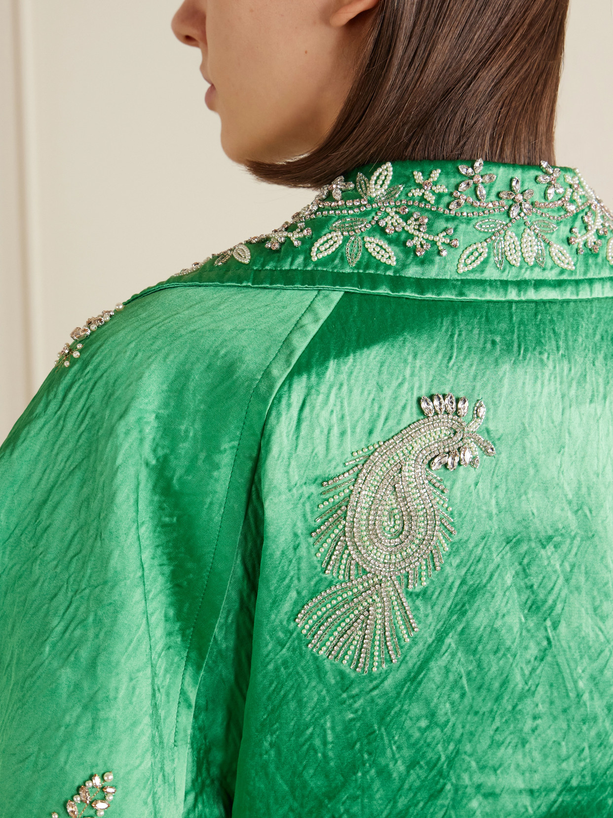 Crystal-Embellished Textured-Satin Coat
