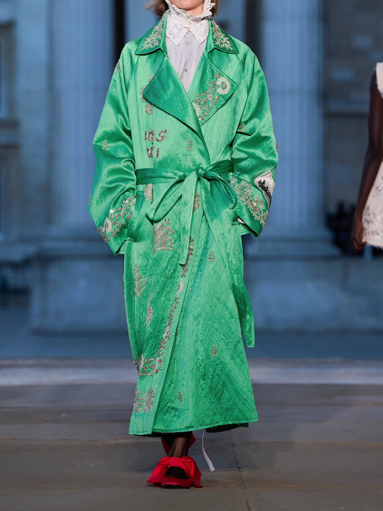 Crystal-Embellished Textured-Satin Coat