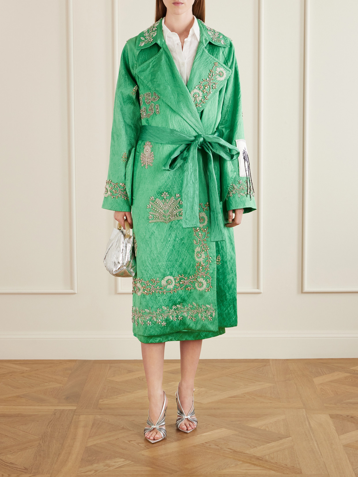 Crystal-Embellished Textured-Satin Coat