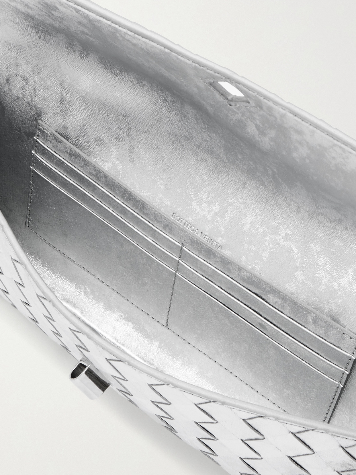 Bottega Veneta Long Andiamo Intrecciato Metallic Leather Clutch In Silver